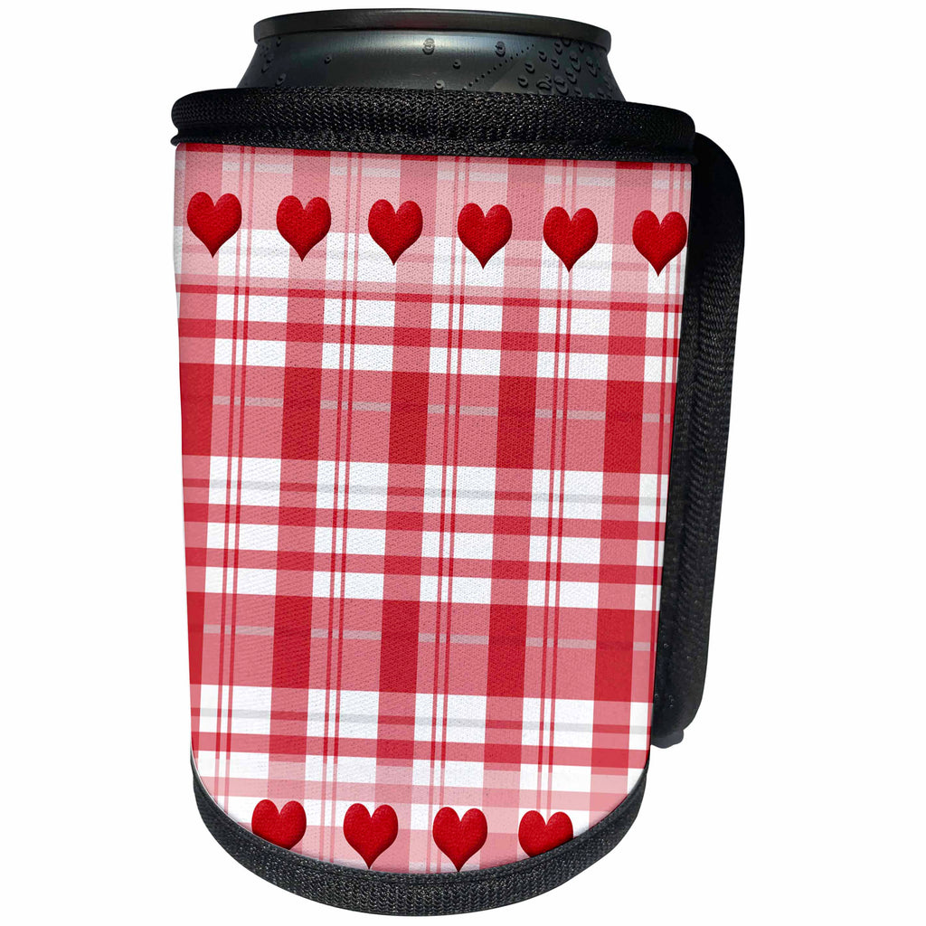 3dRose Anne Marie Baugh - Hearts and Valentines - Cute Red and White Plaid Pattern With Two Rows Of Hearts - Can Cooler Bottle Wrap (cc_269285)