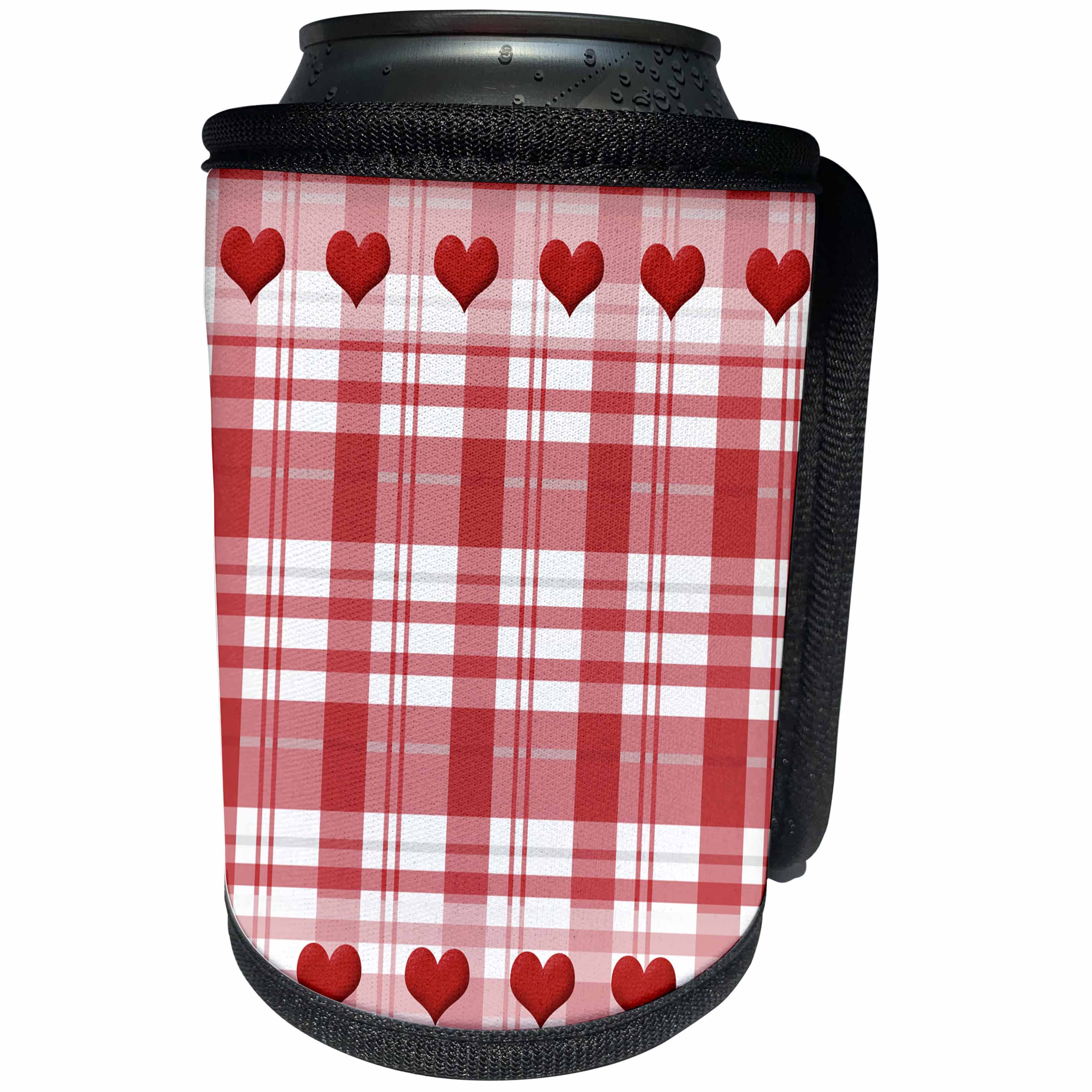 3dRose Anne Marie Baugh - Hearts and Valentines - Cute Red and White Plaid Pattern With Two Rows Of Hearts - Can Cooler Bottle Wrap (cc_269285)