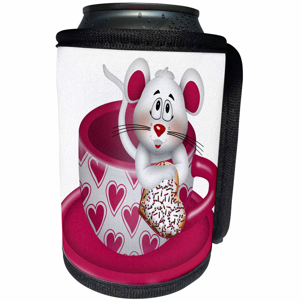 3dRose Anne Marie Baugh - Hearts and Valentines - Cute Mouse In A Bright Pink Heart Patterned Mug Illustration - Can Cooler Bottle Wrap (cc_269291)