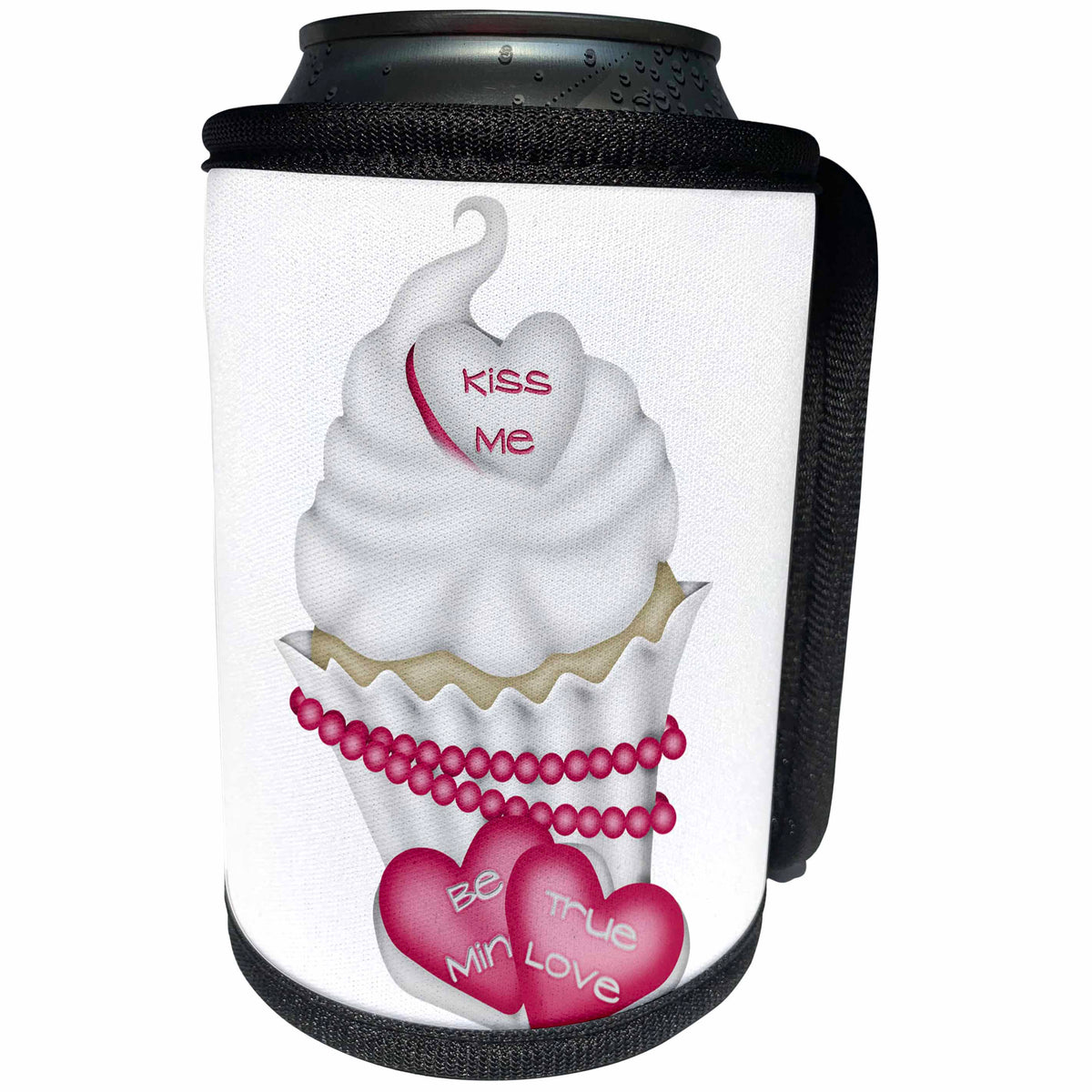 3dRose Anne Marie Baugh - Hearts and Valentines - Cute Pink and White Kiss Me Cupcake Illustration - Can Cooler Bottle Wrap (cc_269292)