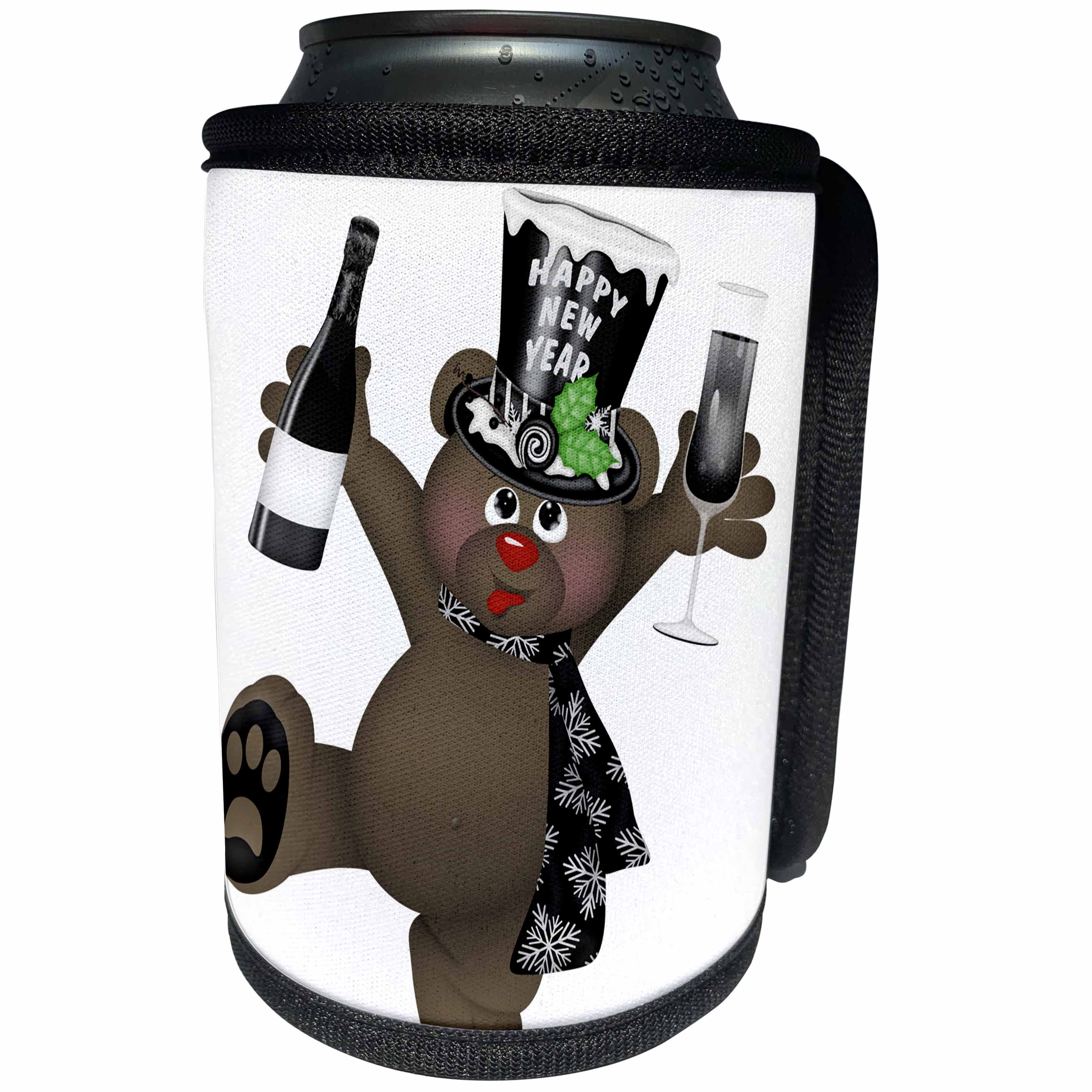 3dRose Anne Marie Baugh - Happy New Years - Cute and Happy Black and White Bear Celebrating New Years Illustration - Can Cooler Bottle Wrap (cc_269293)