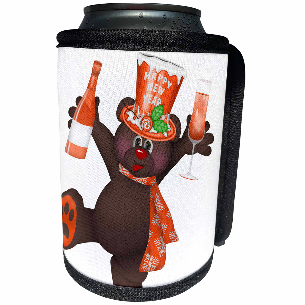 3dRose Anne Marie Baugh - Happy New Years - Cute Orange and Brown Bear Celebrating New Years Illustration - Can Cooler Bottle Wrap (cc_269294)