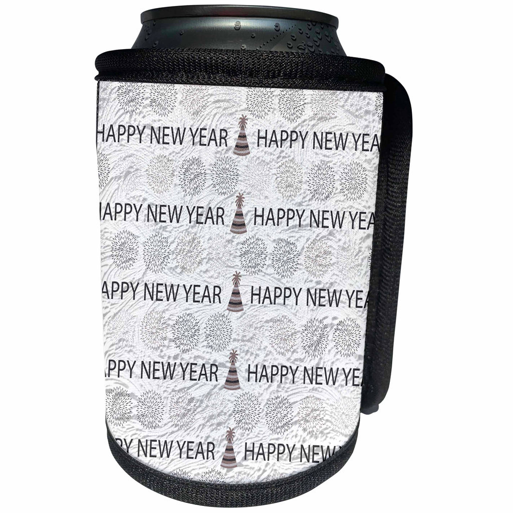 3dRose Anne Marie Baugh - Happy New Years - Gray and Silver Happy New Year and Fireworks Pattern - Can Cooler Bottle Wrap (cc_269304)