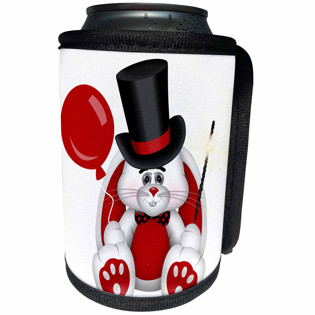 3dRose Anne Marie Baugh - Happy New Years - Cute Red, White, and Black Top Hat Happy New Years Rabbit - Can Cooler Bottle Wrap (cc_269305)