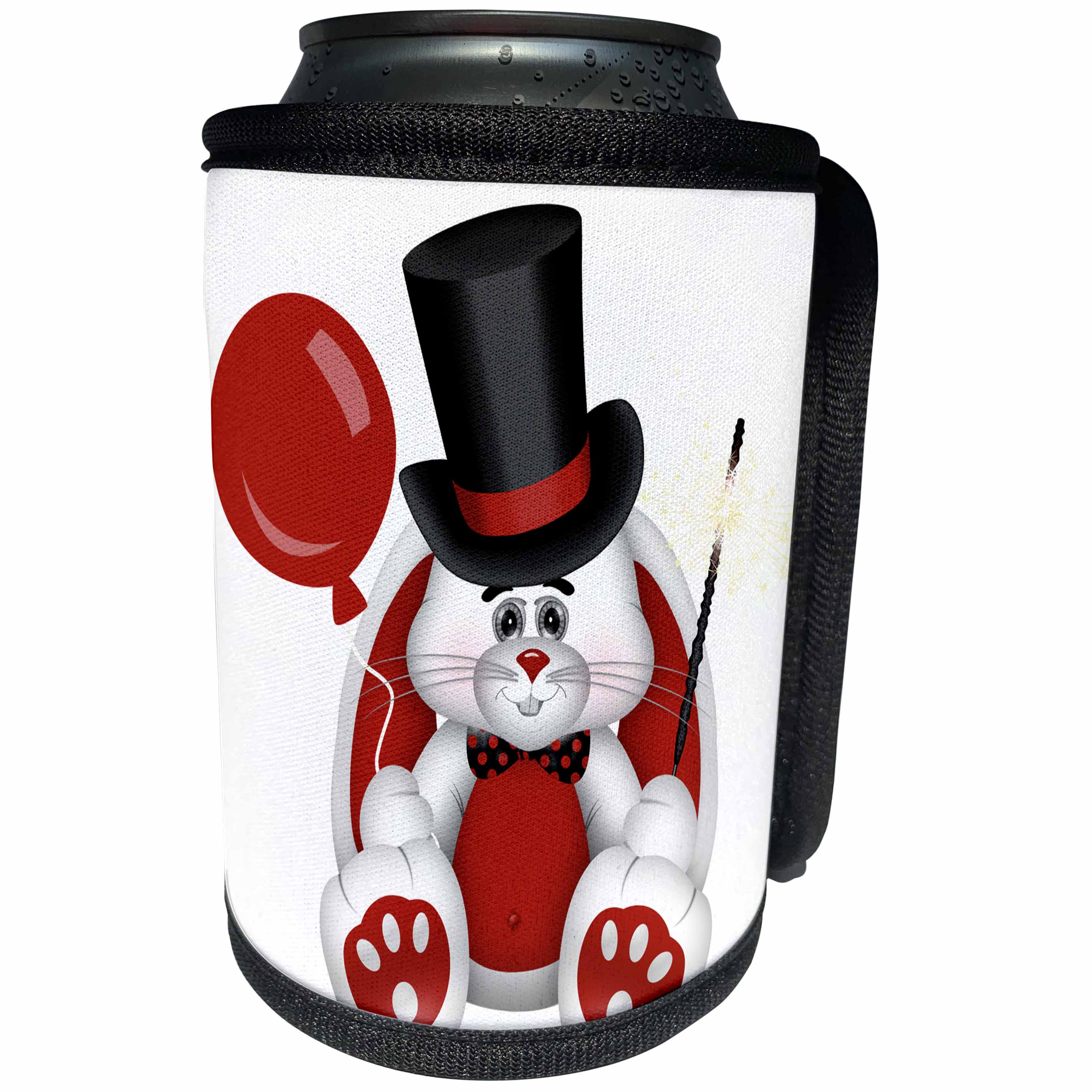 3dRose Anne Marie Baugh - Happy New Years - Cute Red, White, and Black Top Hat Happy New Years Rabbit - Can Cooler Bottle Wrap (cc_269305)