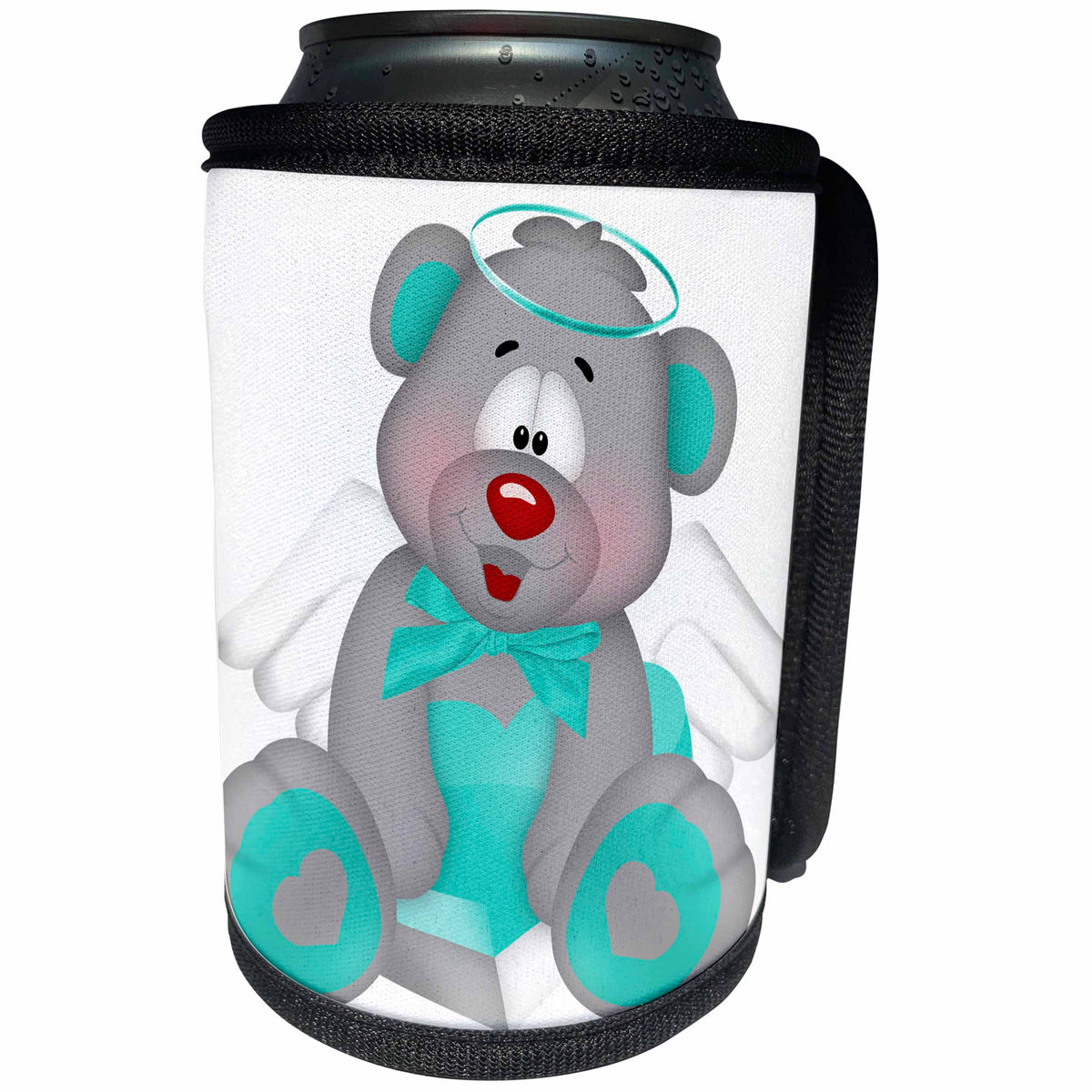 3dRose Anne Marie Baugh - Hearts and Valentines - Cute Aqua and Gray Angel Bear With A Heart Illustration - Can Cooler Bottle Wrap (cc_269314)