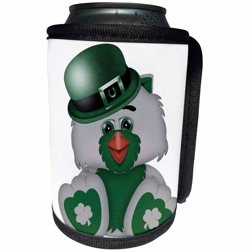 3dRose Anne Marie Baugh - St. Patricks Day - Cute Green and Gray St. Patricks Day Irish Owl Illustration - Can Cooler Bottle Wrap (cc_269319)