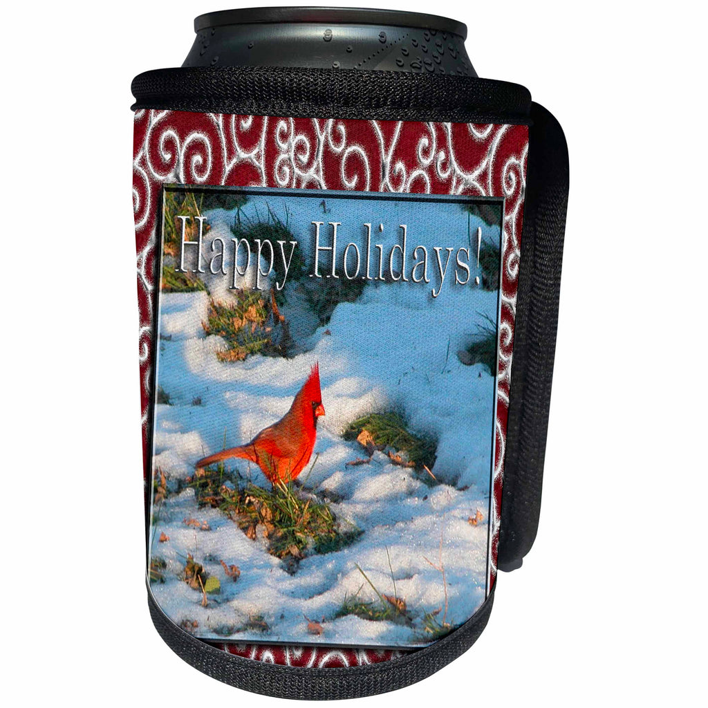 3dRose Beverly Turner Christmas Design and Photography - Cardinal in the Snow Snowflake Frame Happy Holidays - Can Cooler Bottle Wrap (cc_26932)