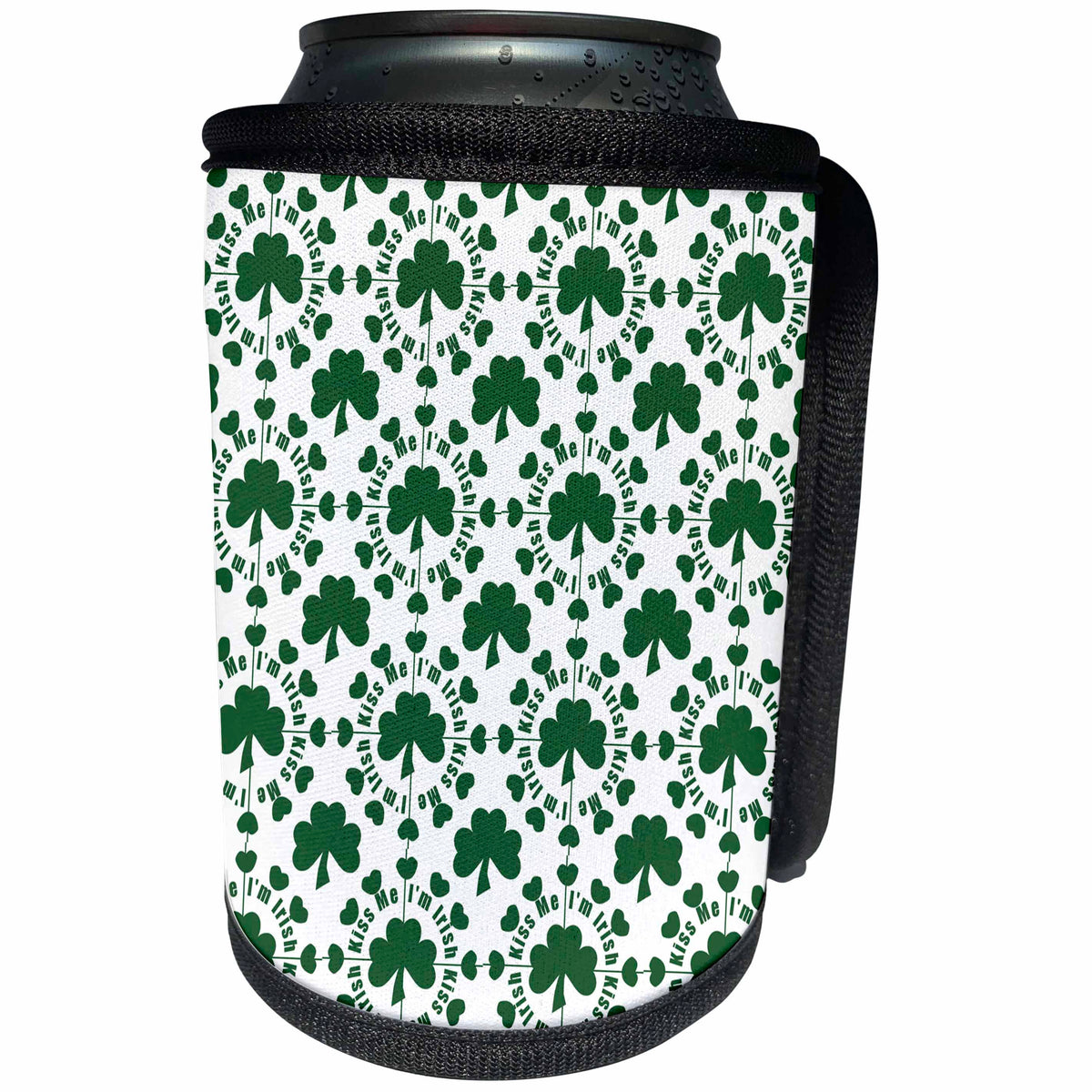 3dRose Anne Marie Baugh - St. Patricks Day - Cute Clover and Kiss Me Im Irish Green and White Pattern - Can Cooler Bottle Wrap (cc_269320)