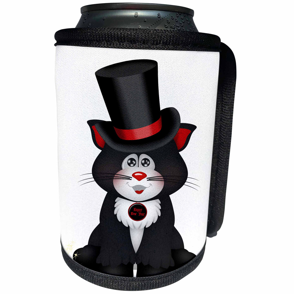 3dRose Anne Marie Baugh - Happy New Years - Cute Black and Red Happy New Year Cat Illustration - Can Cooler Bottle Wrap (cc_269322)