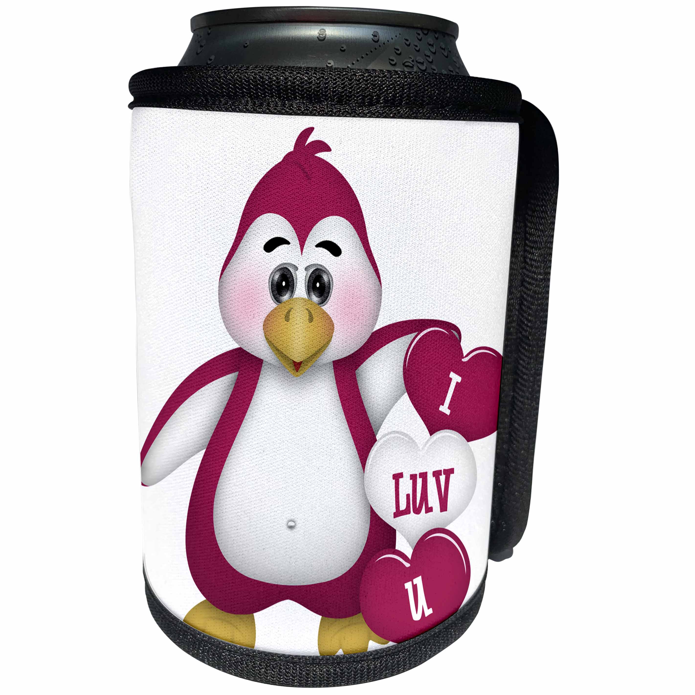 3dRose Anne Marie Baugh - Hearts and Valentines - Cute Pink and White I Luv U Penguin Illustration - Can Cooler Bottle Wrap (cc_269325)