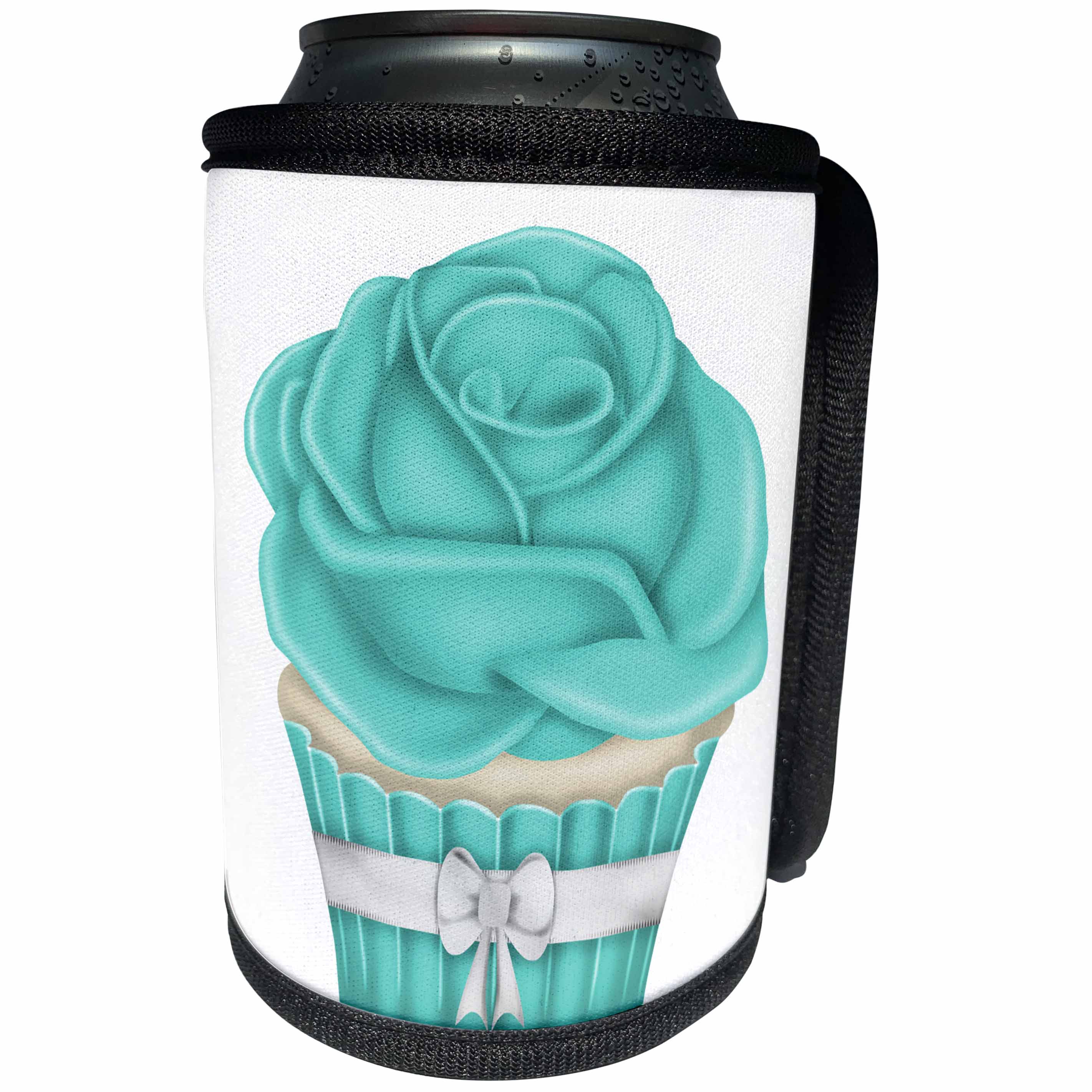 3dRose Anne Marie Baugh - Illustrations - Cute Aqua and White Rose Cupcake Illustration - Can Cooler Bottle Wrap (cc_269329)