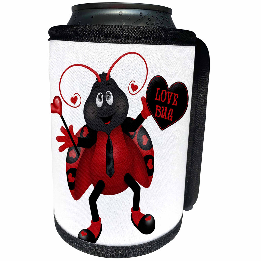 3dRose Anne Marie Baugh - Hearts and Valentines - Cute Black and Red Happy Love Bug Lady Bug Illustration - Can Cooler Bottle Wrap (cc_269333)