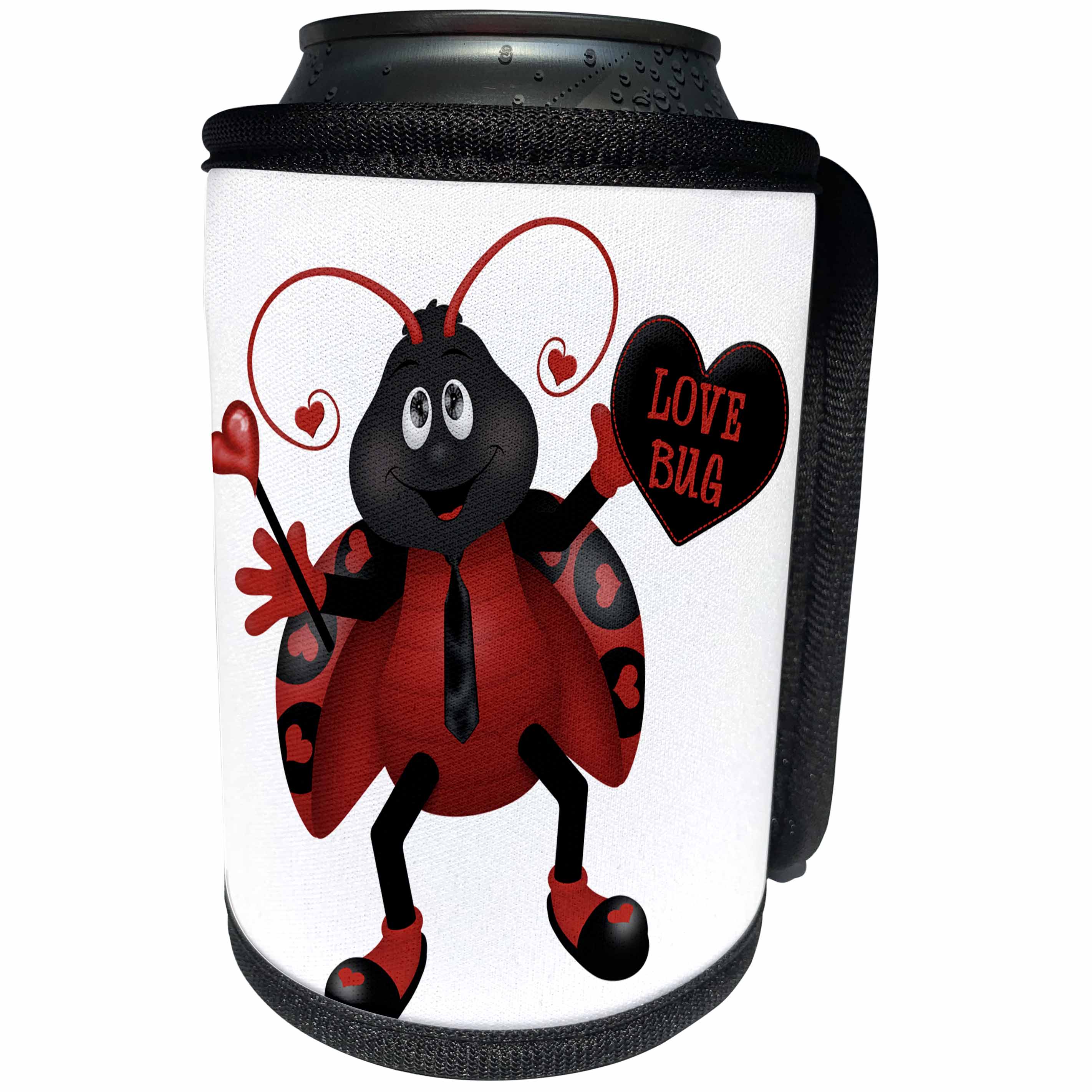 3dRose Anne Marie Baugh - Hearts and Valentines - Cute Black and Red Happy Love Bug Lady Bug Illustration - Can Cooler Bottle Wrap (cc_269333)