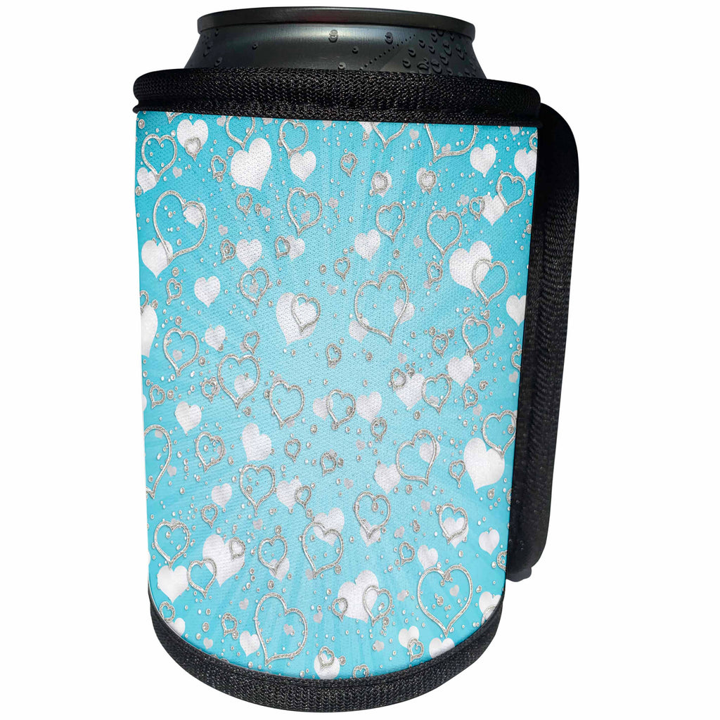 3dRose Anne Marie Baugh - Hearts and Valentines - Pretty Sparkly Silver and Aqua Hearts and Confetti Pattern - Can Cooler Bottle Wrap (cc_269334)