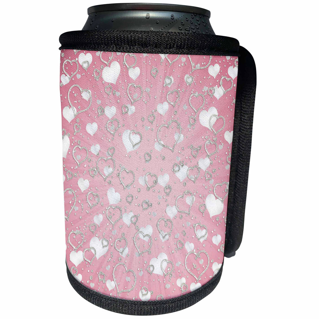 3dRose Anne Marie Baugh - Hearts and Valentines - Pretty Sparkly Silver and Pink Hearts and Confetti Pattern - Can Cooler Bottle Wrap (cc_269337)