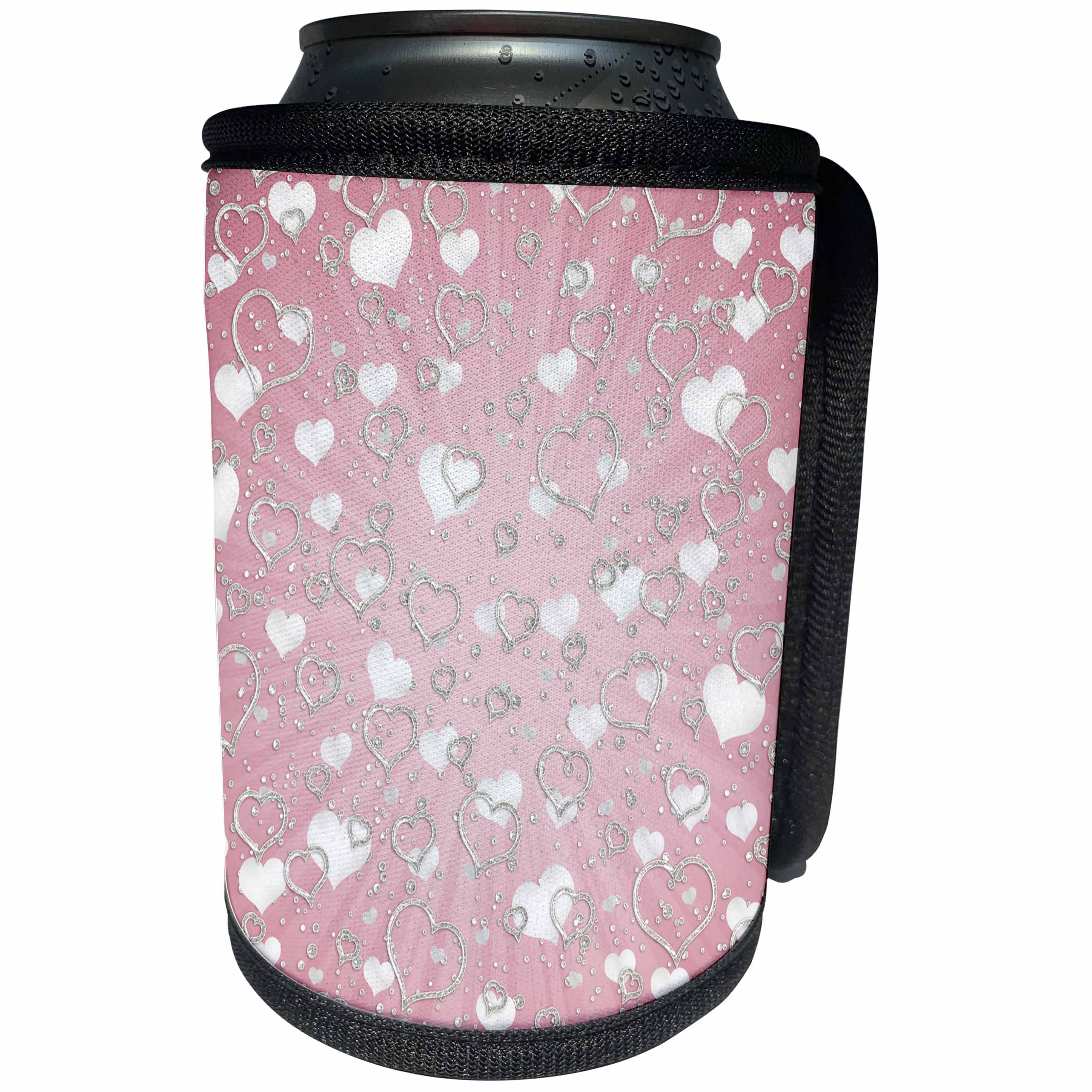 3dRose Anne Marie Baugh - Hearts and Valentines - Pretty Sparkly Silver and Pink Hearts and Confetti Pattern - Can Cooler Bottle Wrap (cc_269337)