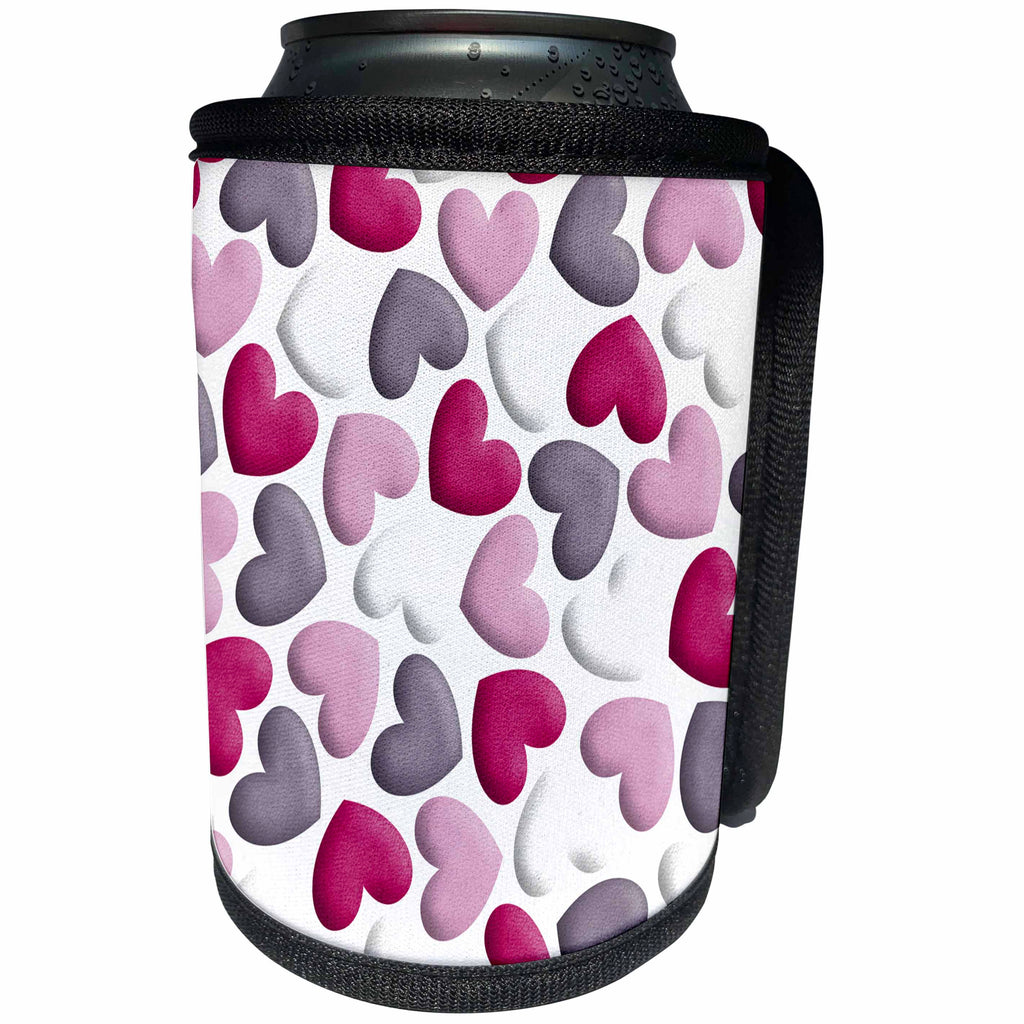 3dRose Anne Marie Baugh - Hearts and Valentines - Cute Pink, Purple, Gray, and White Tossed Hearts Pattern - Can Cooler Bottle Wrap (cc_269341)