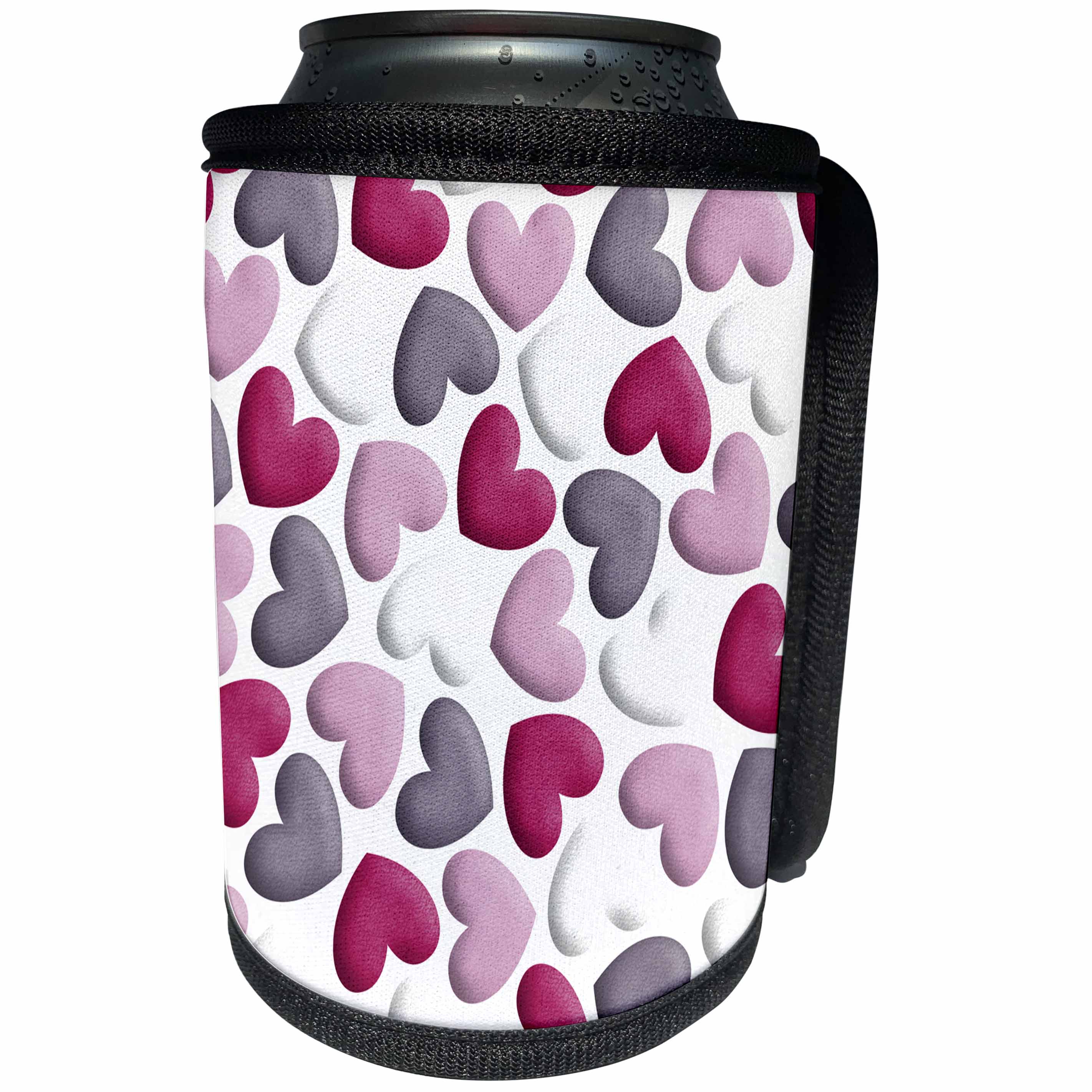 3dRose Anne Marie Baugh - Hearts and Valentines - Cute Pink, Purple, Gray, and White Tossed Hearts Pattern - Can Cooler Bottle Wrap (cc_269341)