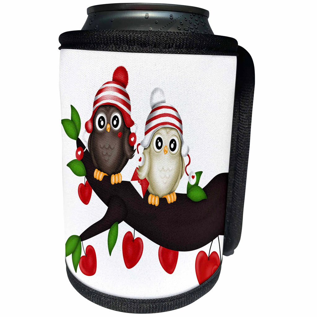 3dRose Anne Marie Baugh - Hearts and Valentines - Cute Sweetheart Owls With Hearts Illustration - Can Cooler Bottle Wrap (cc_269344)