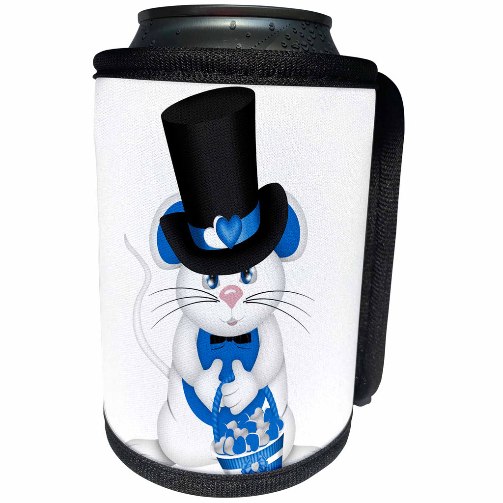 3dRose Anne Marie Baugh - Hearts and Valentines - Cute Blue and White Valentine Mouse Illustration - Can Cooler Bottle Wrap (cc_269345)