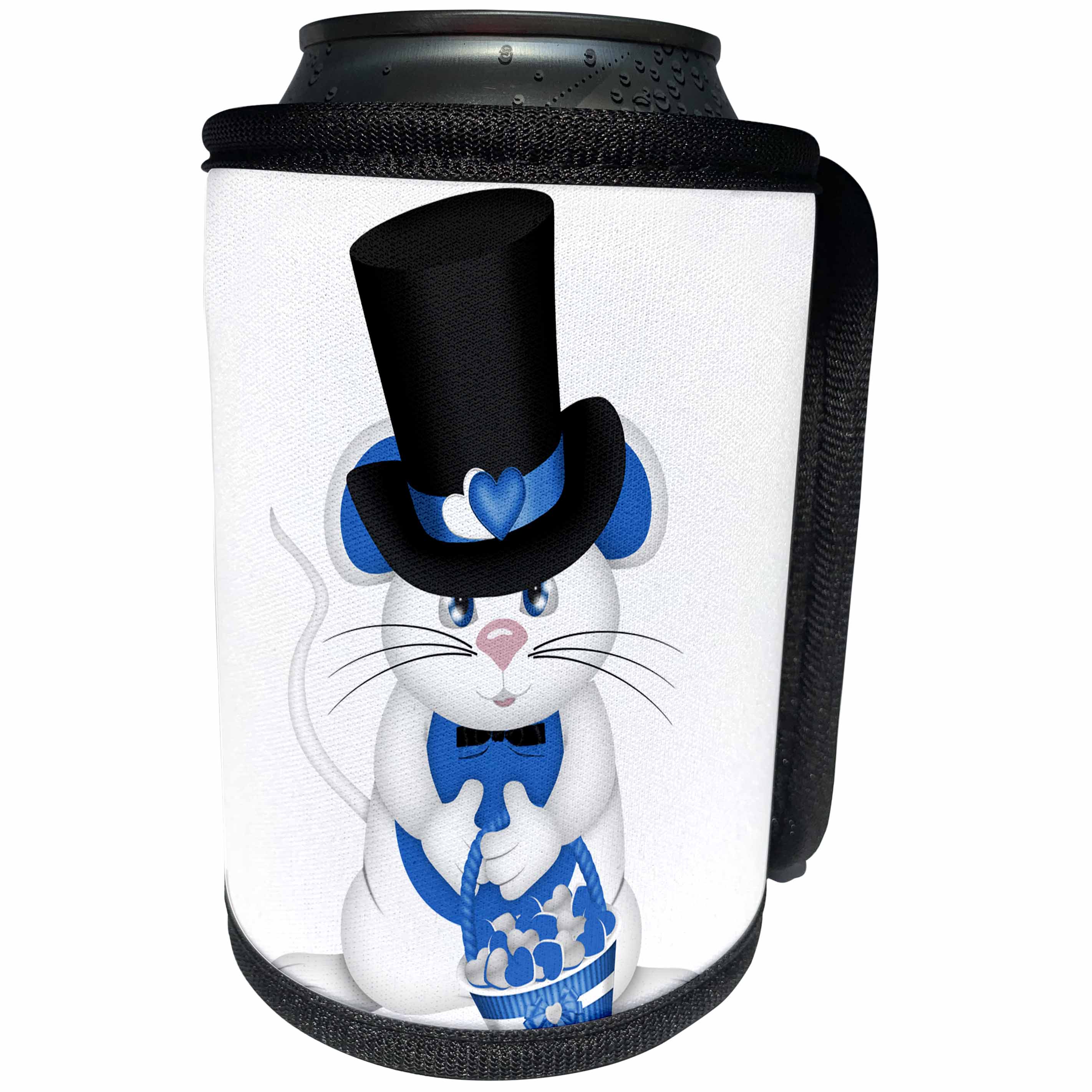 3dRose Anne Marie Baugh - Hearts and Valentines - Cute Blue and White Valentine Mouse Illustration - Can Cooler Bottle Wrap (cc_269345)
