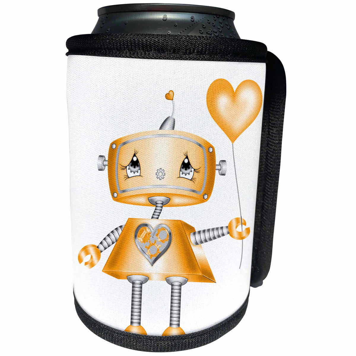 3dRose Anne Marie Baugh - Hearts and Valentines - Cute Orange and Silver Valentine Robot Illustration - Can Cooler Bottle Wrap (cc_269350)