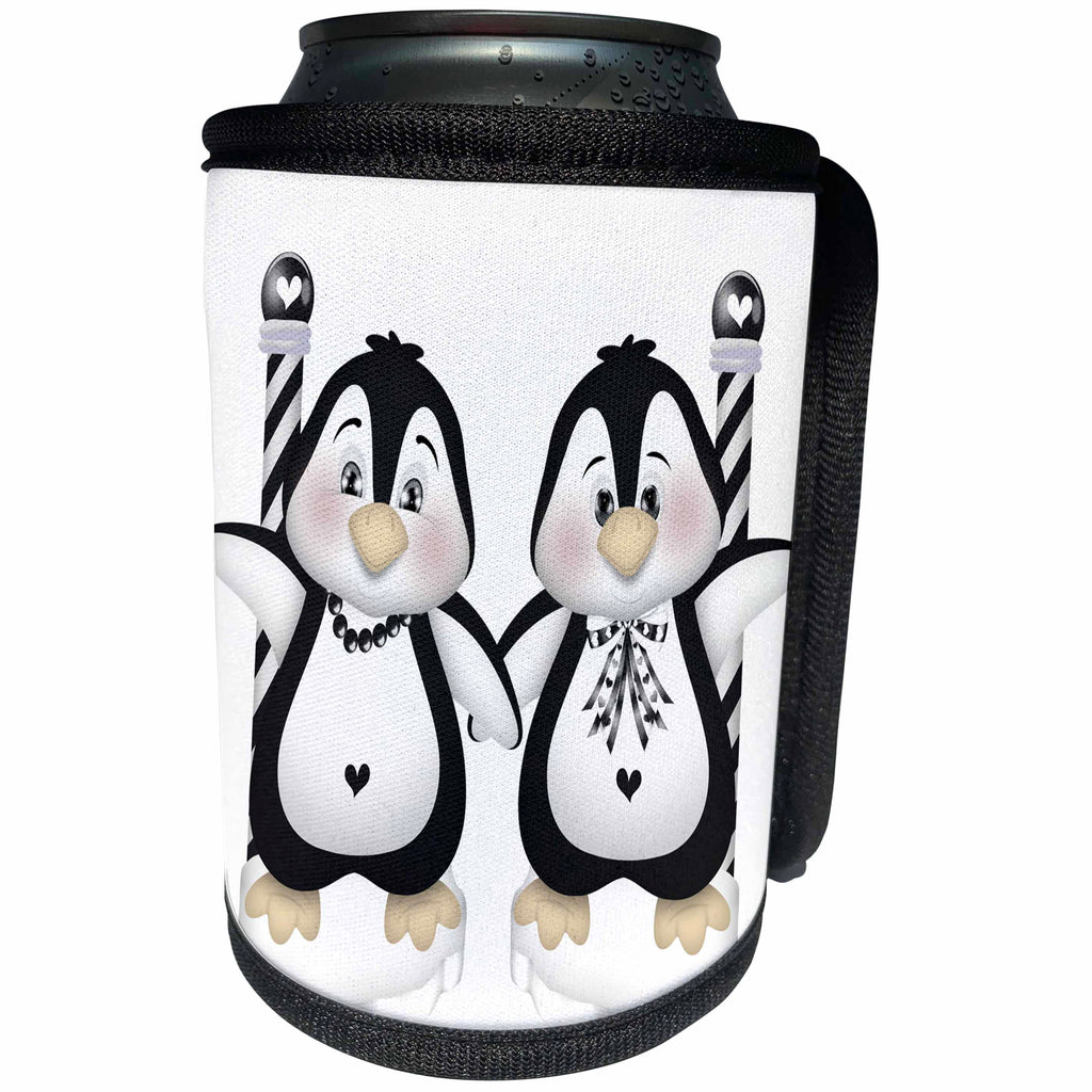 3dRose Anne Marie Baugh - Hearts and Valentines - Cute Black and White Sweetheart Penguins Illustration - Can Cooler Bottle Wrap (cc_269355)