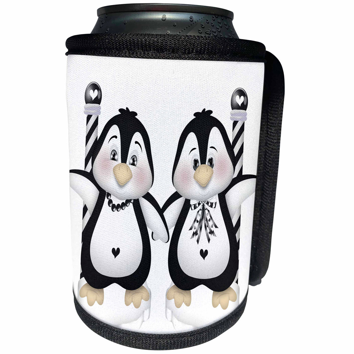3dRose Anne Marie Baugh - Hearts and Valentines - Cute Black and White Sweetheart Penguins Illustration - Can Cooler Bottle Wrap (cc_269355)