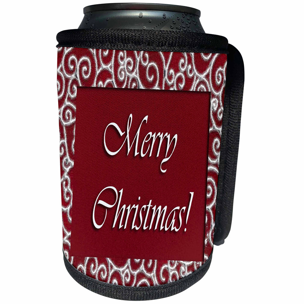 3dRose Beverly Turner Christmas Design - Snowflake Design on Red Merry Christmas - Can Cooler Bottle Wrap (cc_26936)