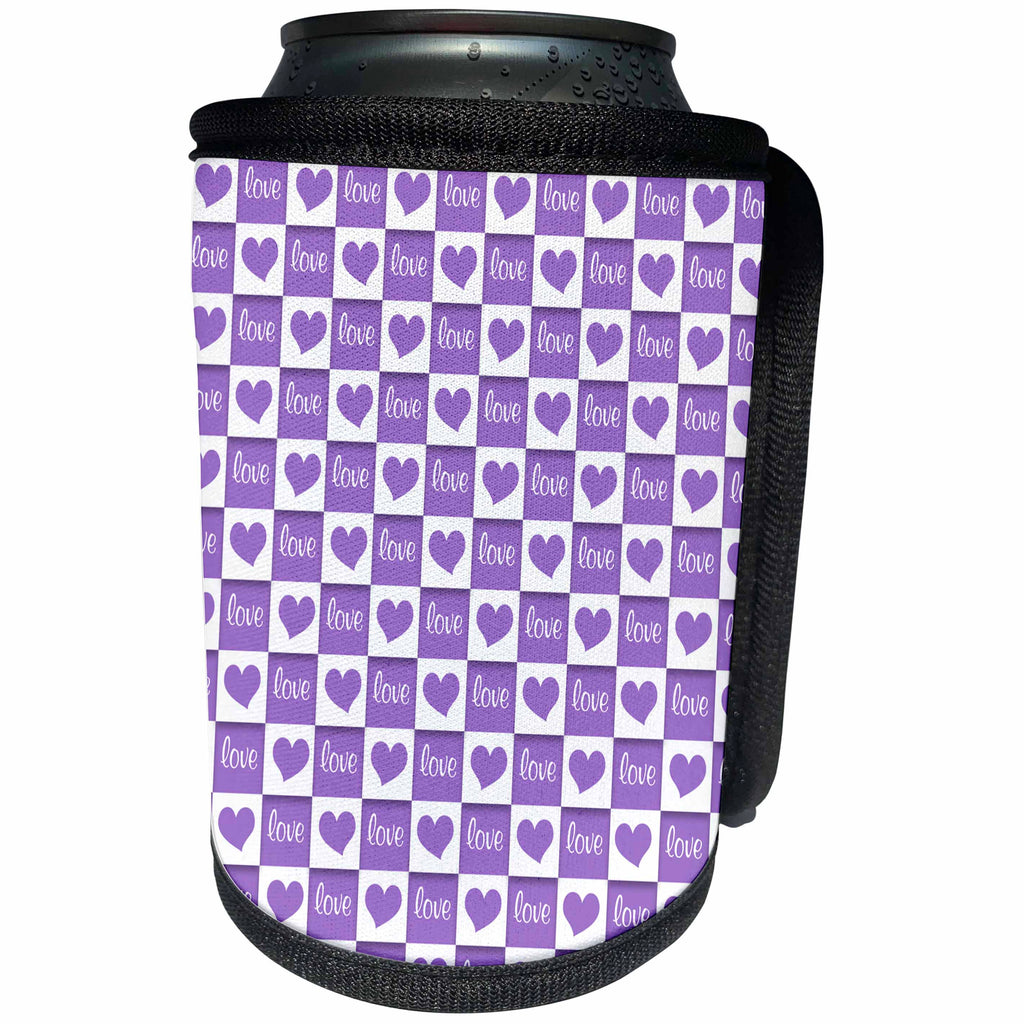 3dRose Anne Marie Baugh - Hearts and Valentines - Cute Purple and White Love and Hearts Checkerboard Pattern - Can Cooler Bottle Wrap (cc_269363)