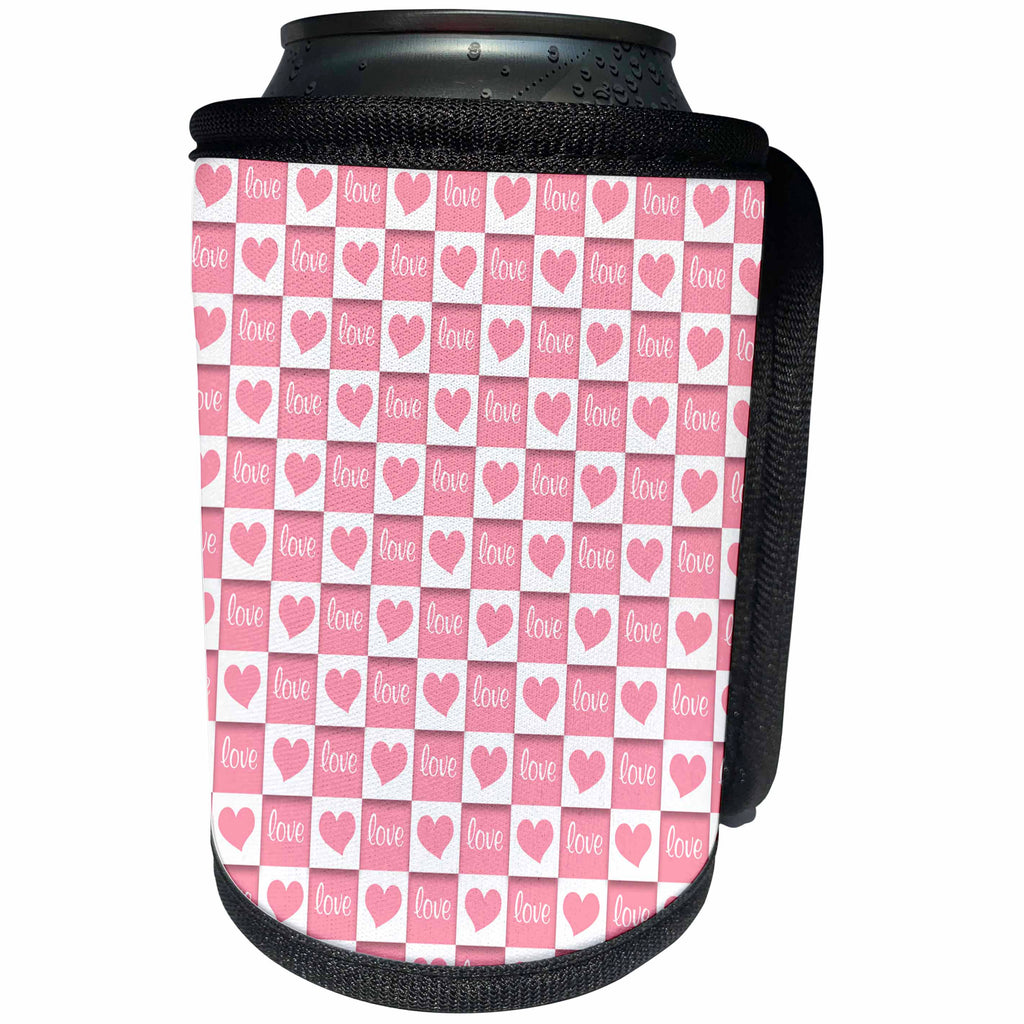 3dRose Anne Marie Baugh - Hearts and Valentines - Cute Pink and White Love and Hearts Checkerboard Pattern - Can Cooler Bottle Wrap (cc_269365)