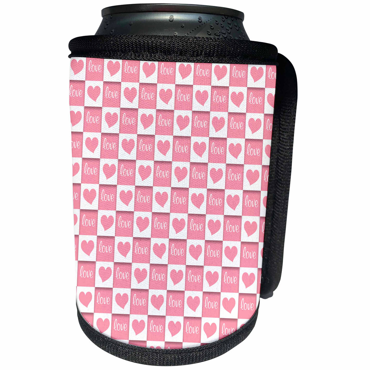 3dRose Anne Marie Baugh - Hearts and Valentines - Cute Pink and White Love and Hearts Checkerboard Pattern - Can Cooler Bottle Wrap (cc_269365)