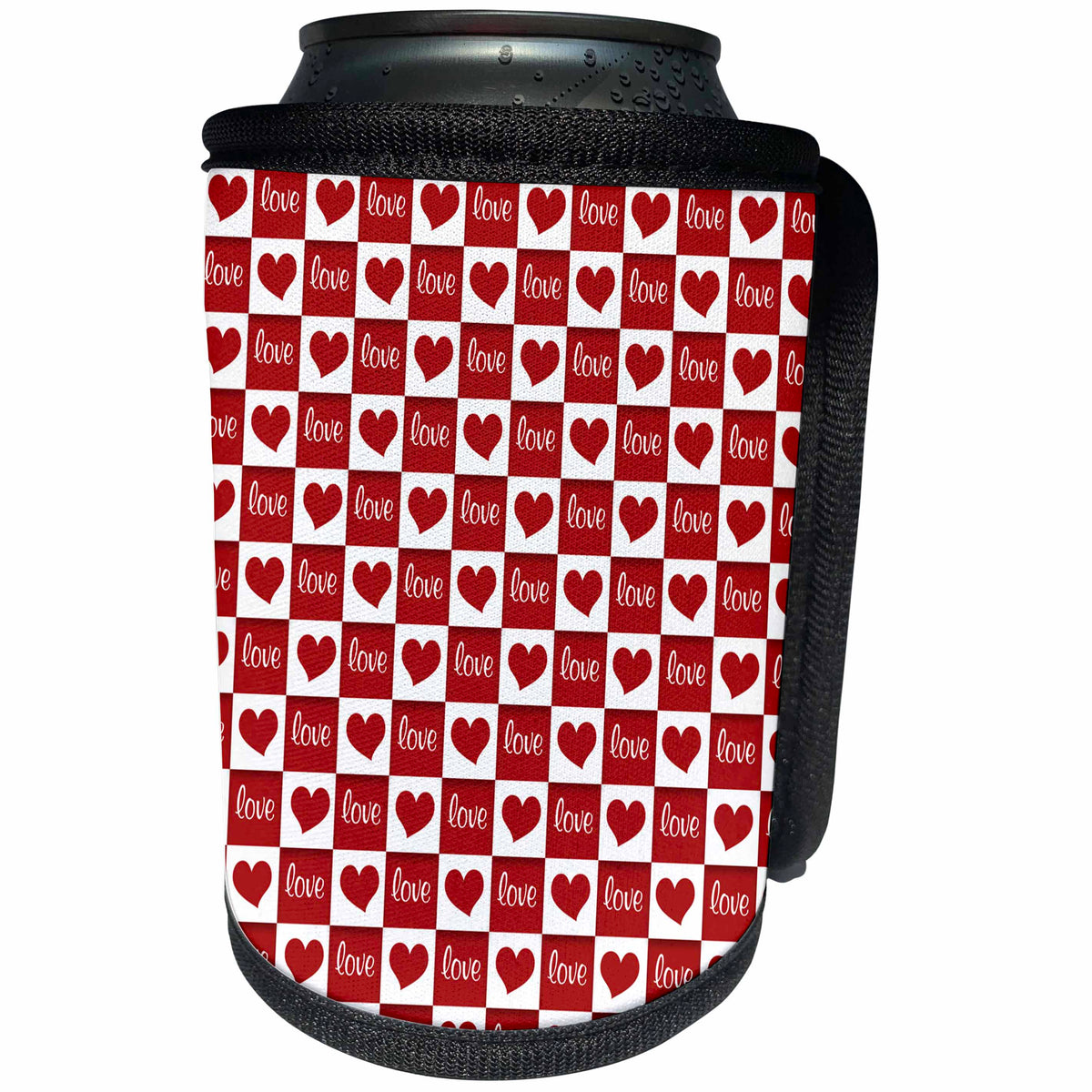 3dRose Anne Marie Baugh - Hearts and Valentines - Cute Red and White Love and Hearts Checkerboard Pattern - Can Cooler Bottle Wrap (cc_269366)