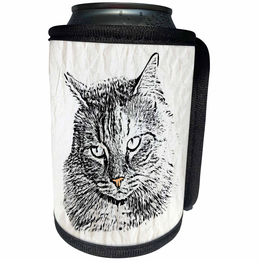 3dRose Renderly Yours Sketches - Black And White Sketch Of Maine Coon Cat, With Pink Nose - Can Cooler Bottle Wrap (cc_269390)