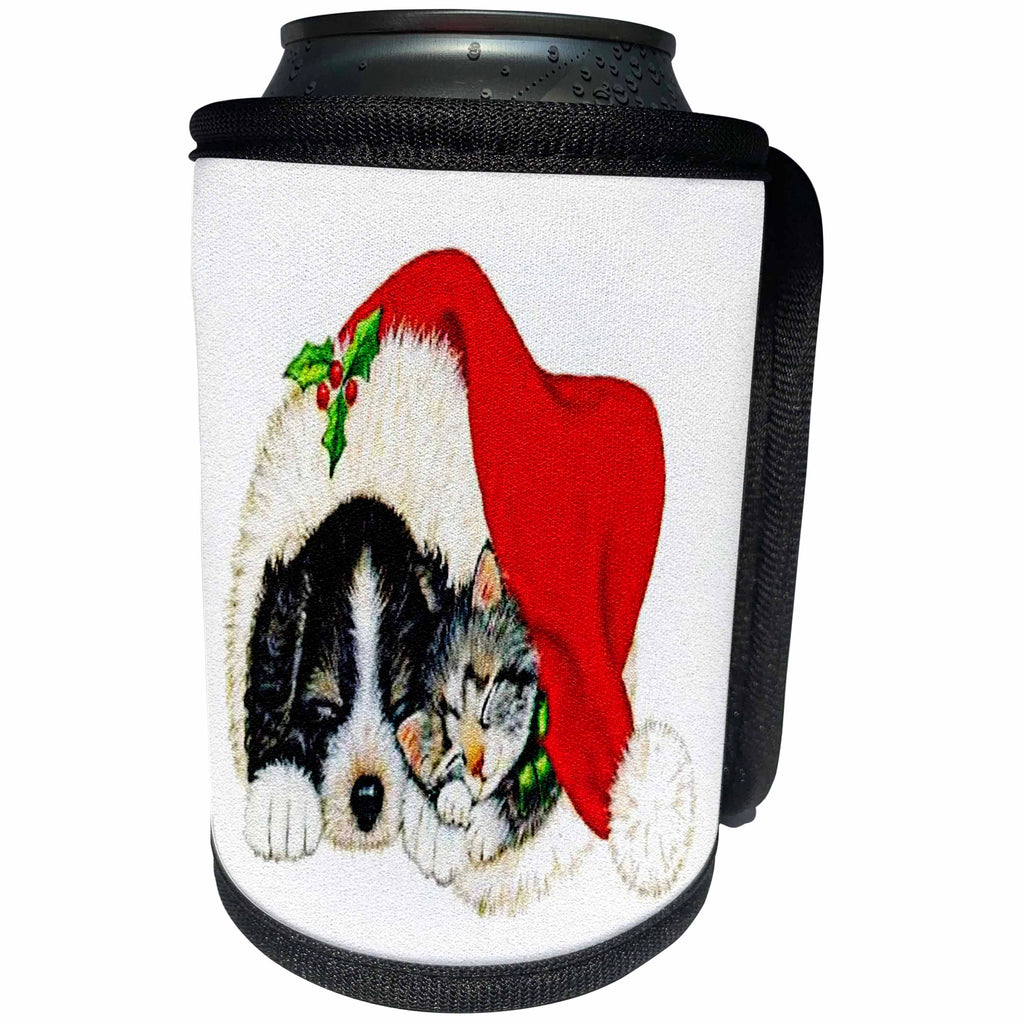 3dRose Sandy Mertens Christmas Animals - Vintage Christmas Puppy and Kitten Sleeping in Santa Hat with Texture - Can Cooler Bottle Wrap (cc_269507)