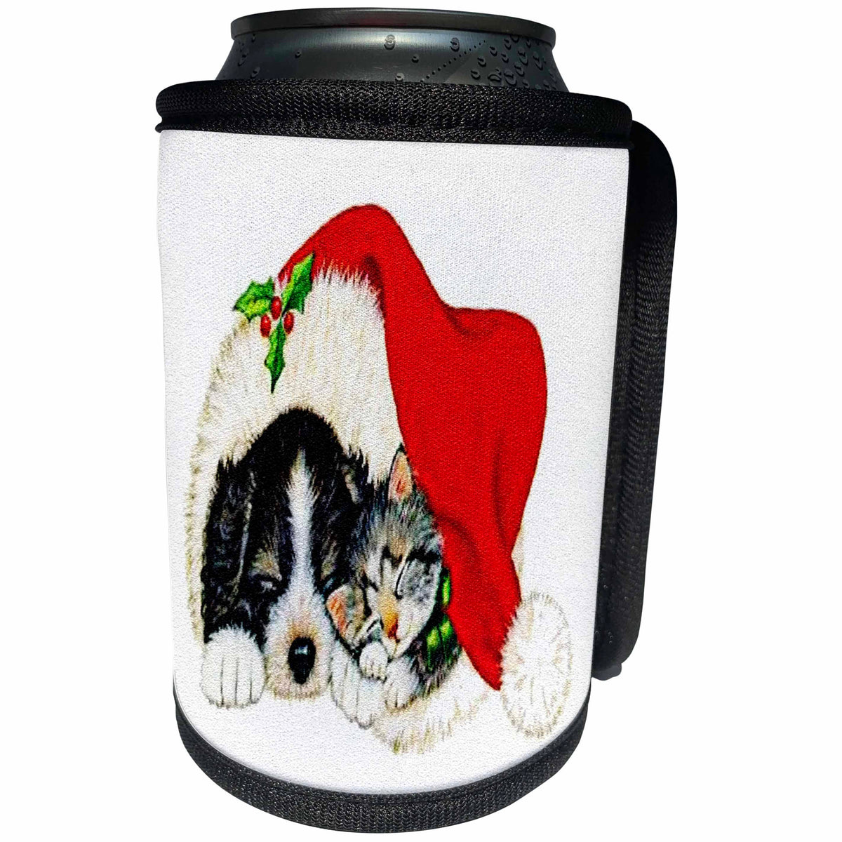 3dRose Sandy Mertens Christmas Animals - Vintage Christmas Puppy and Kitten Sleeping in Santa Hat with Texture - Can Cooler Bottle Wrap (cc_269507)