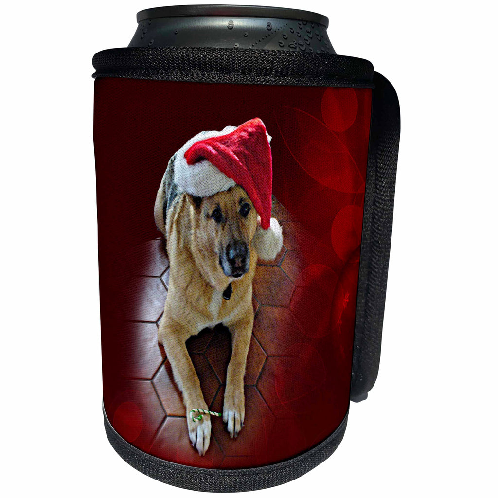 3dRose Sandy Mertens Christmas Animals - Santa Hat on a German Shepherd Dog with a Candy Cane - Can Cooler Bottle Wrap (cc_269513)