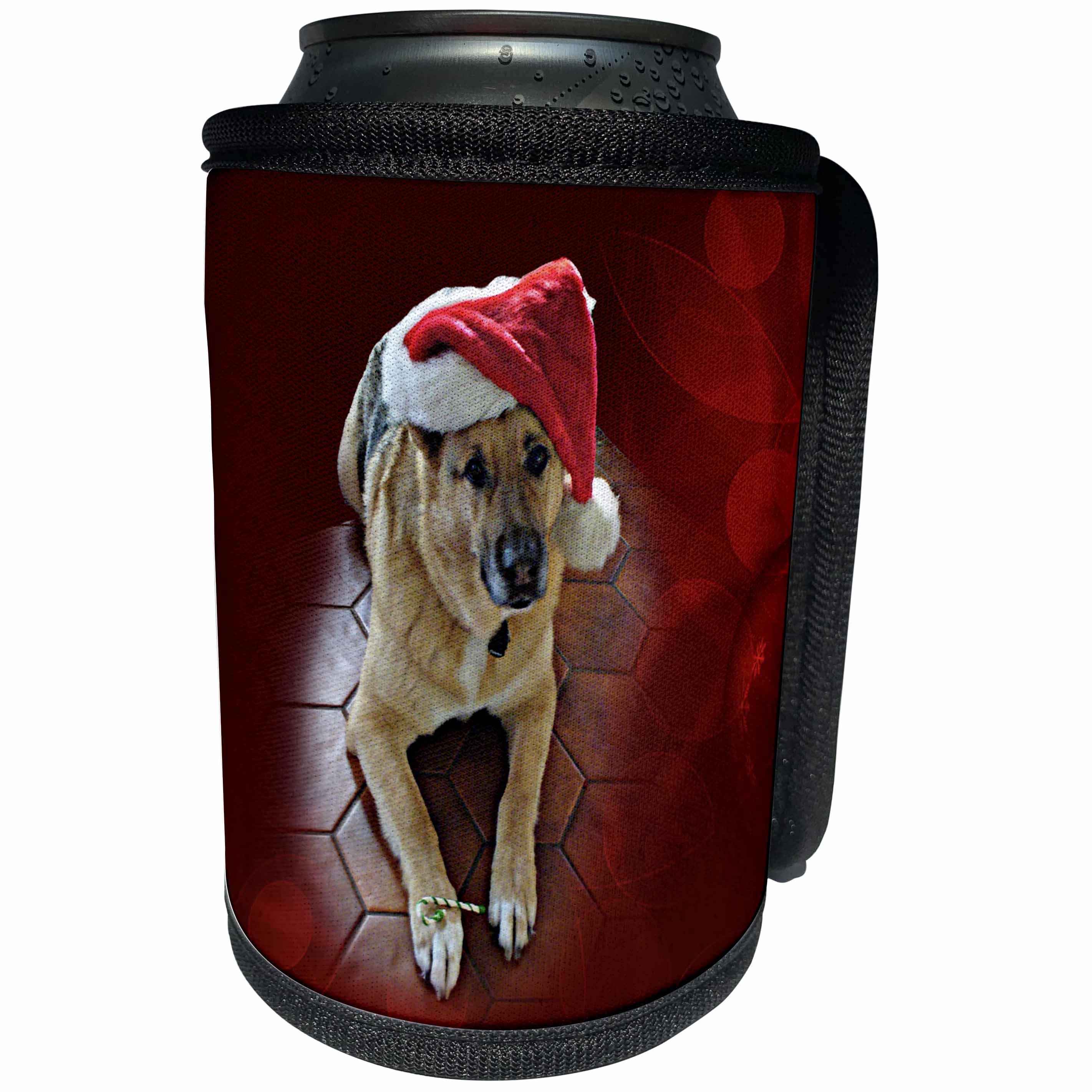 3dRose Sandy Mertens Christmas Animals - Santa Hat on a German Shepherd Dog with a Candy Cane - Can Cooler Bottle Wrap (cc_269513)