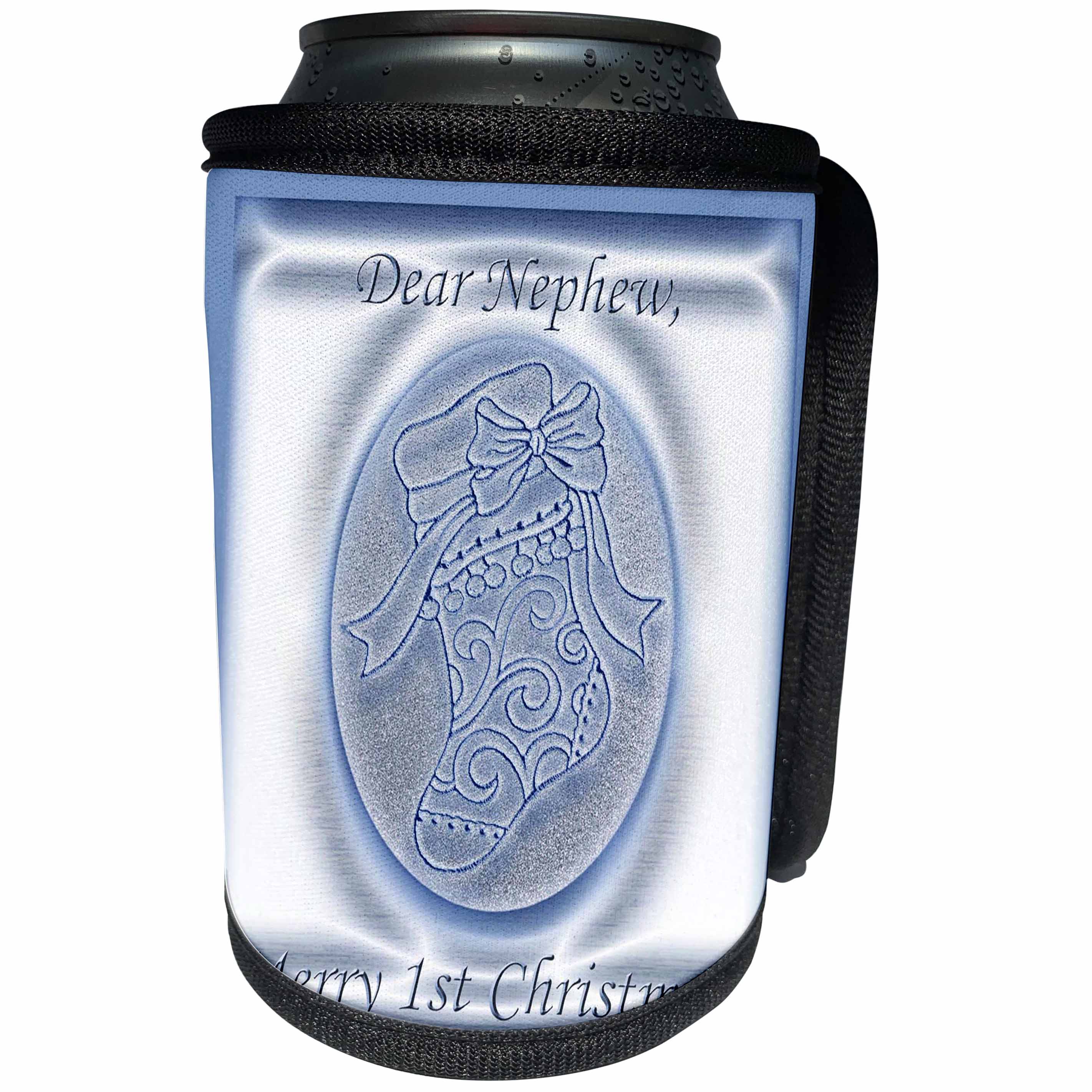 3dRose Beverly Turner Christmas Design - Blue Stocking 1st Christmas to Nephew - Can Cooler Bottle Wrap (cc_26952)