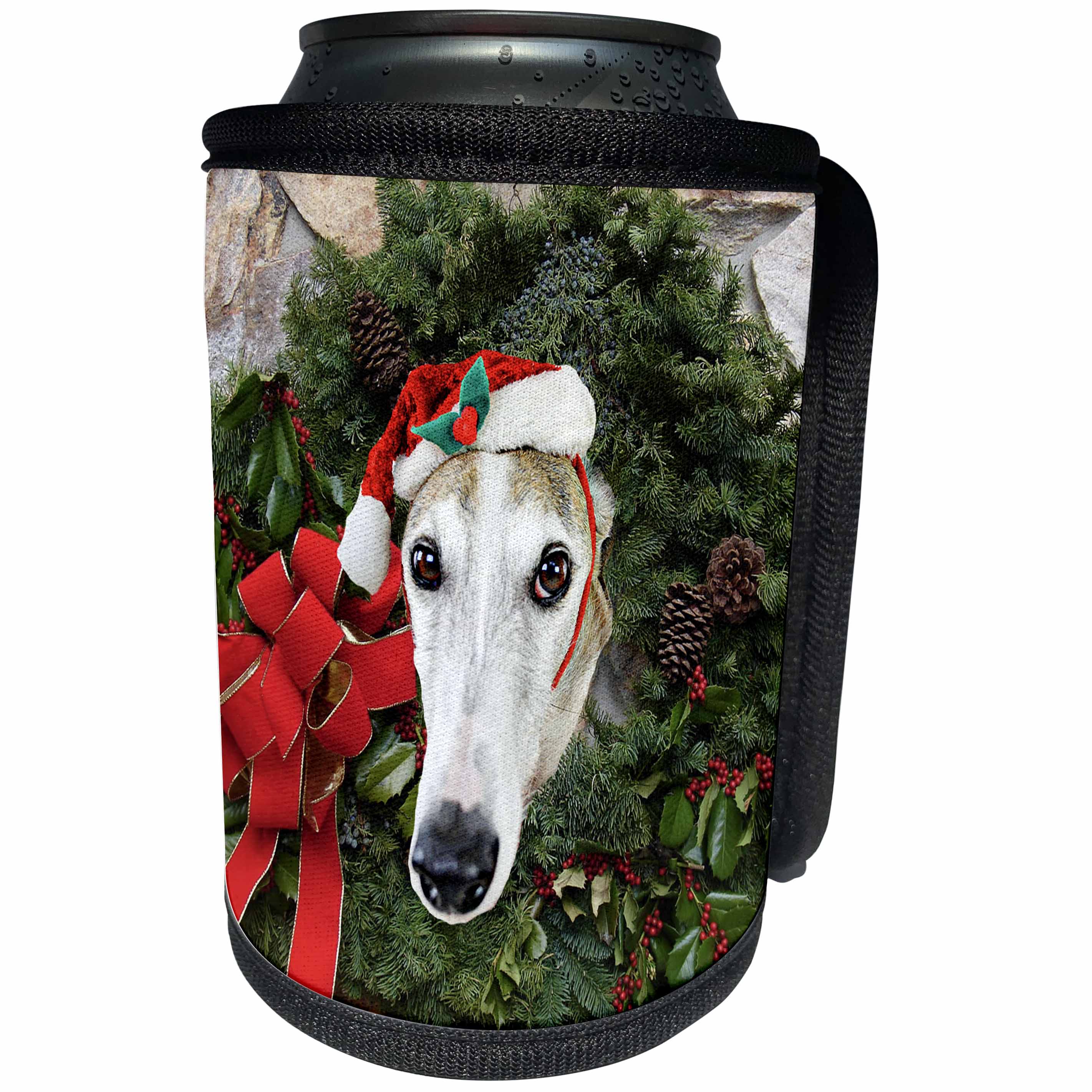 3dRose Sandy Mertens Christmas Animals - Christmas Wreath with a Greyhound Dog with Santa Hat in The Middle - Can Cooler Bottle Wrap (cc_269520)