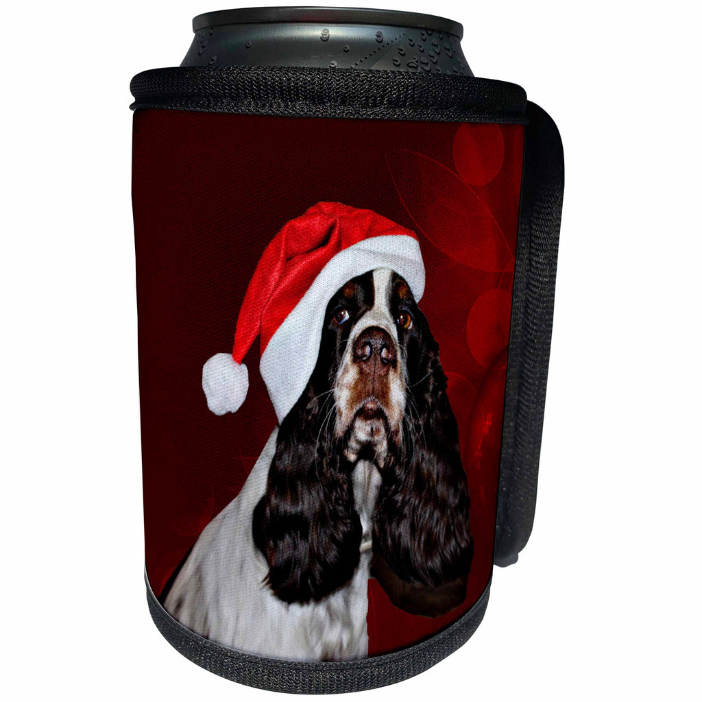 3dRose Sandy Mertens Christmas Animals - English Springer Spaniel Dog Wearing Santa Hat Red Ornament Background - Can Cooler Bottle Wrap (cc_269523)