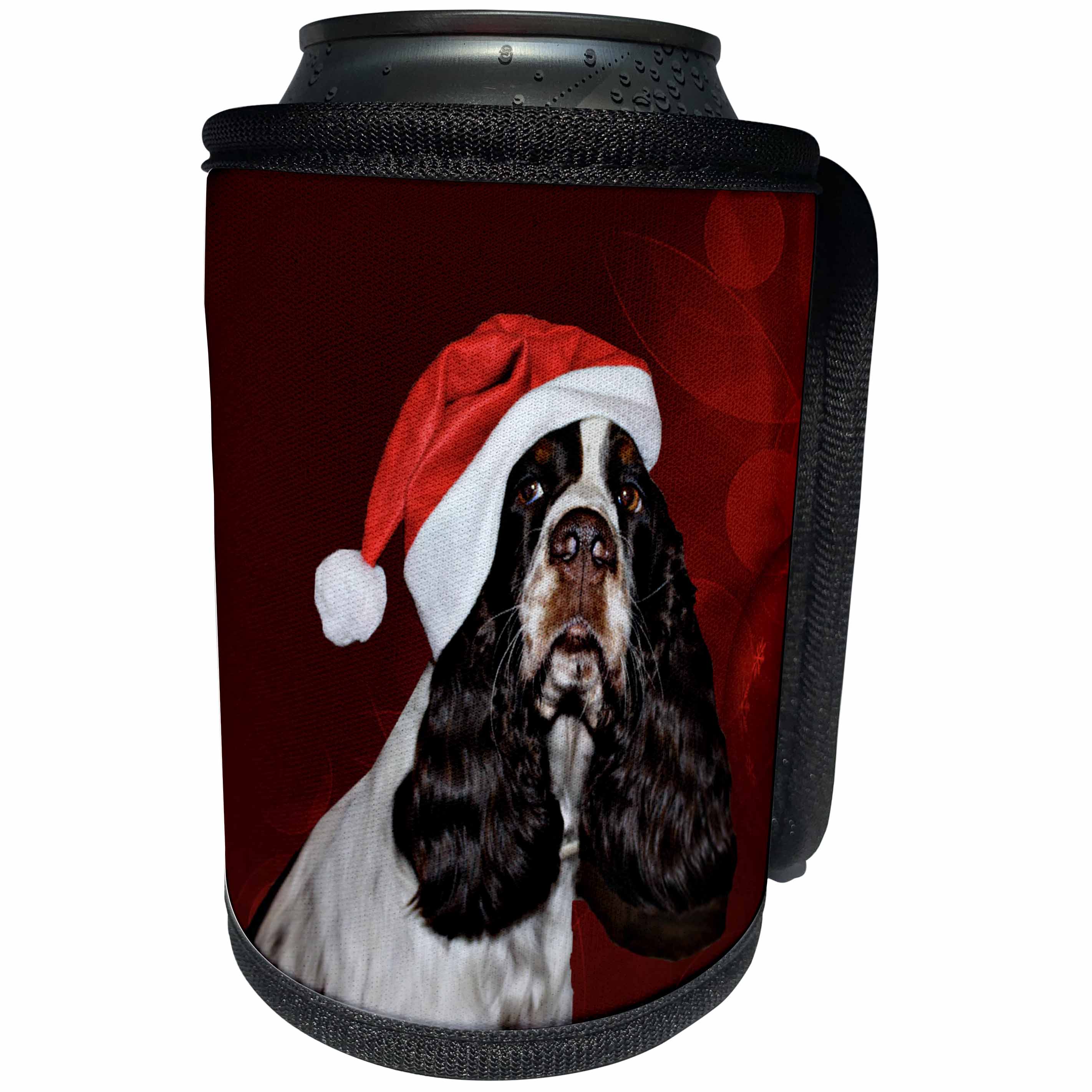 3dRose Sandy Mertens Christmas Animals - English Springer Spaniel Dog Wearing Santa Hat Red Ornament Background - Can Cooler Bottle Wrap (cc_269523)