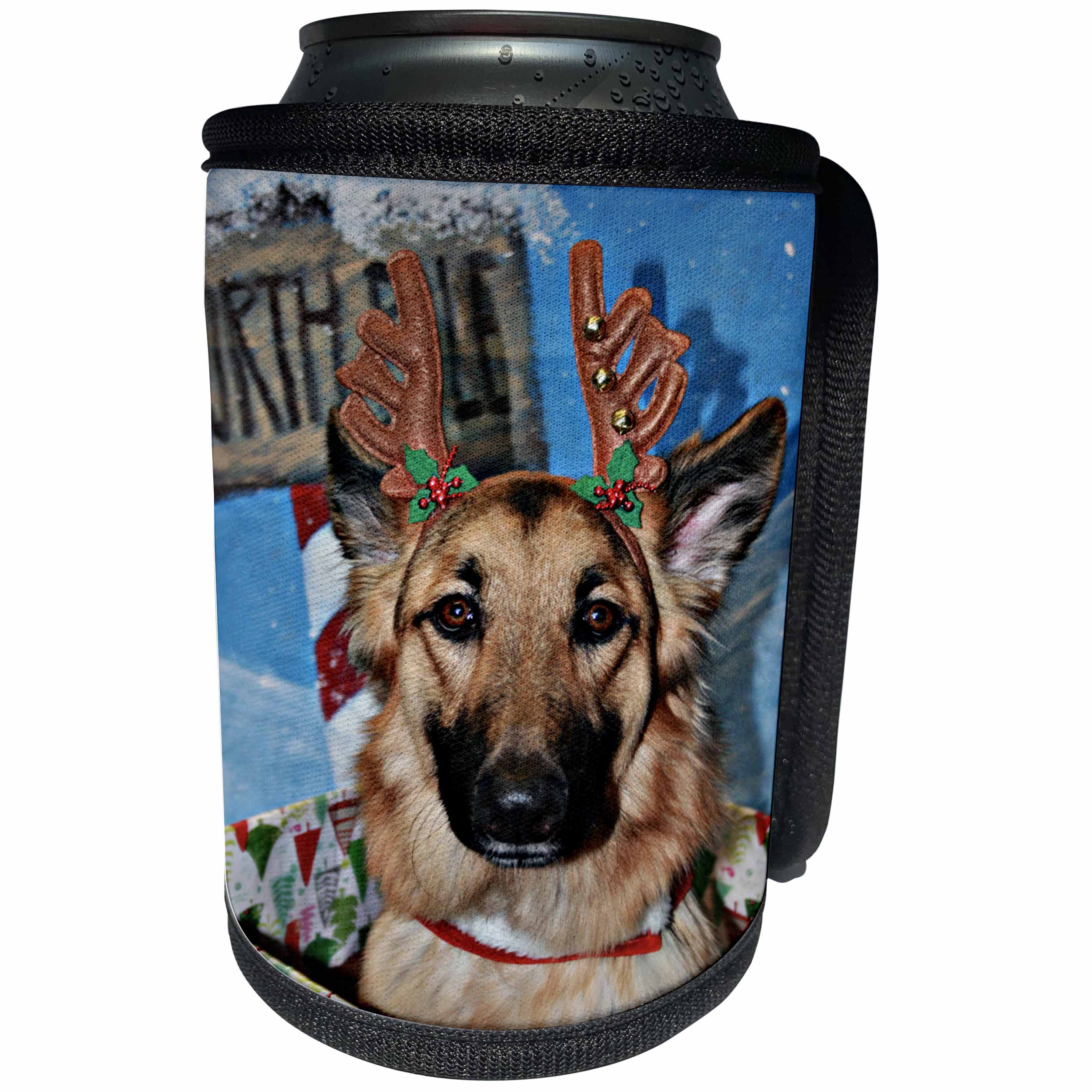 3dRose Sandy Mertens Christmas Animals - Deer Antler Headband on German Shepherd in Box with North Pole Sign - Can Cooler Bottle Wrap (cc_269525)