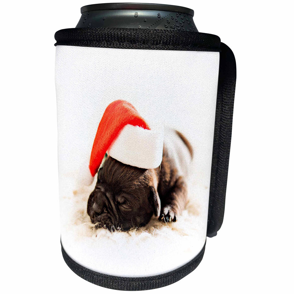 3dRose Sandy Mertens Christmas Animals - Sleeping Black Pug Puppy Wearing Santa Hat with White Background - Can Cooler Bottle Wrap (cc_269526)