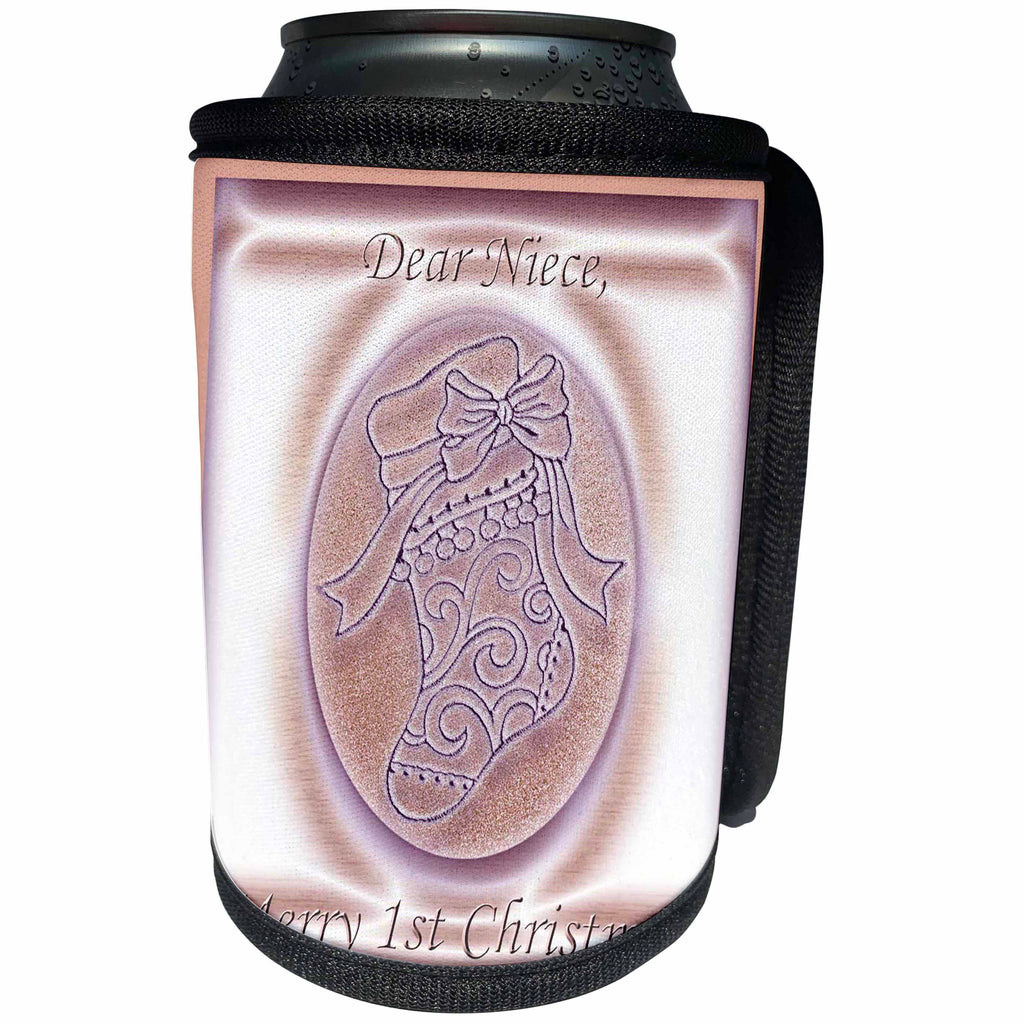 3dRose Beverly Turner Christmas Design - Pink Stocking 1st Christmas to Niece - Can Cooler Bottle Wrap (cc_26953)
