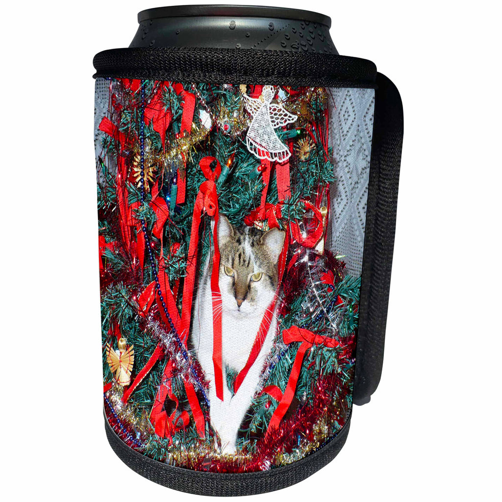 3dRose Sandy Mertens Christmas Animals - Cat in a Decorative Christmas Tree on Table - Can Cooler Bottle Wrap (cc_269530)
