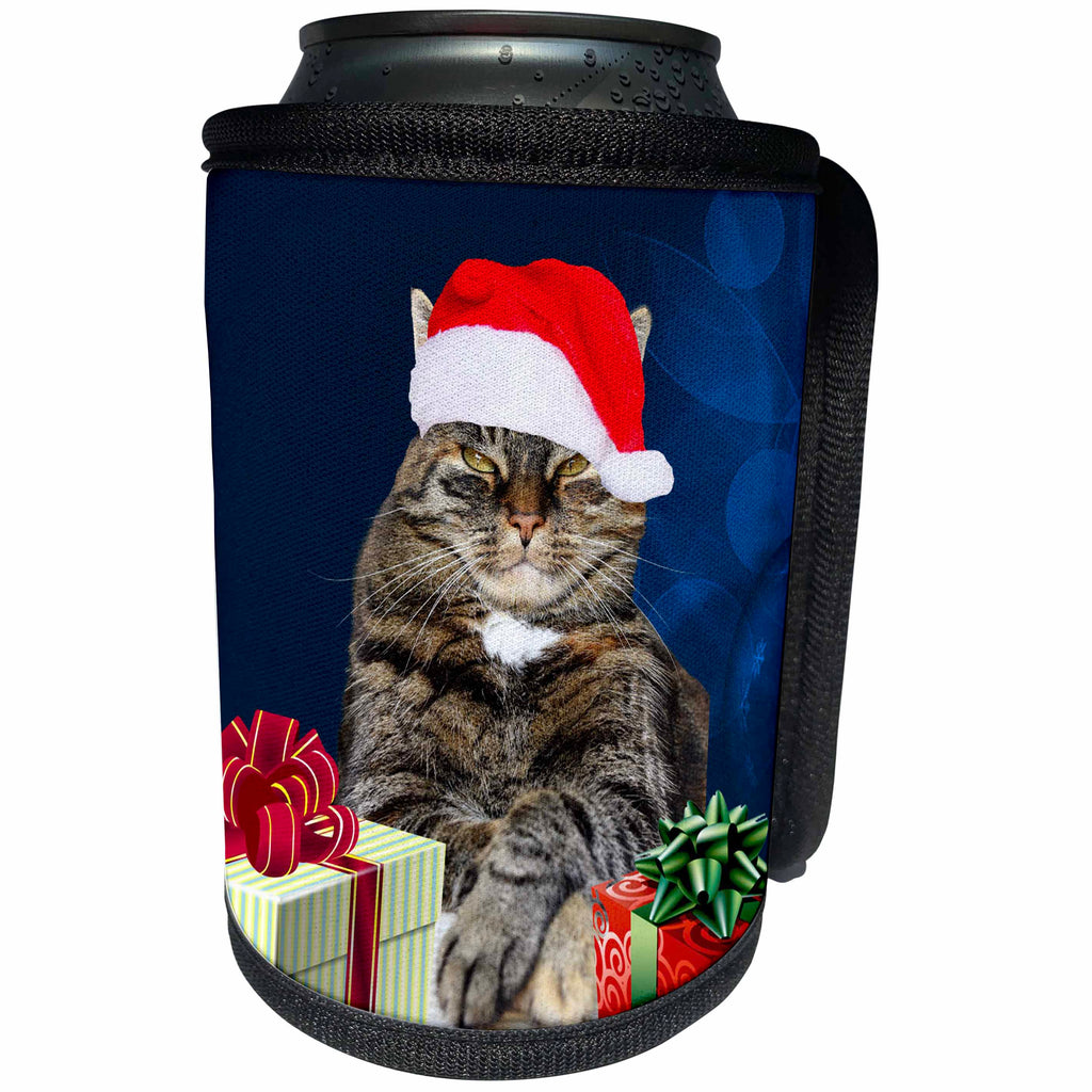3dRose Sandy Mertens Christmas Animals - Christmas Cat Humbug Photo Wearing Santa Hat Wrapped Gifts Image - Can Cooler Bottle Wrap (cc_269531)