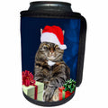 3dRose Sandy Mertens Christmas Animals - Christmas Cat Humbug Photo Wearing Santa Hat Wrapped Gifts Image - Can Cooler Bottle Wrap (cc_269531)