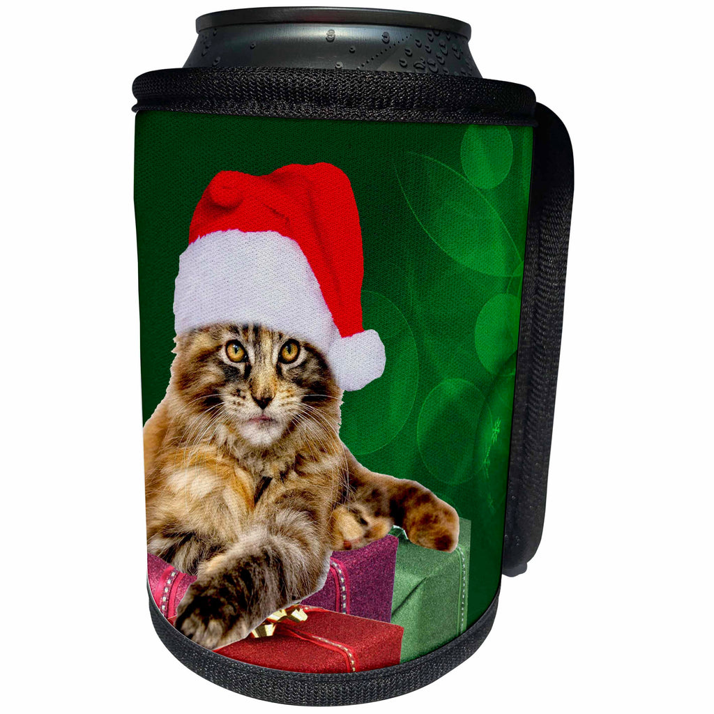 3dRose Sandy Mertens Christmas Animals - Maine Coon Cat Wearing Santa Hat, Christmas Gifts, Green Background - Can Cooler Bottle Wrap (cc_269533)